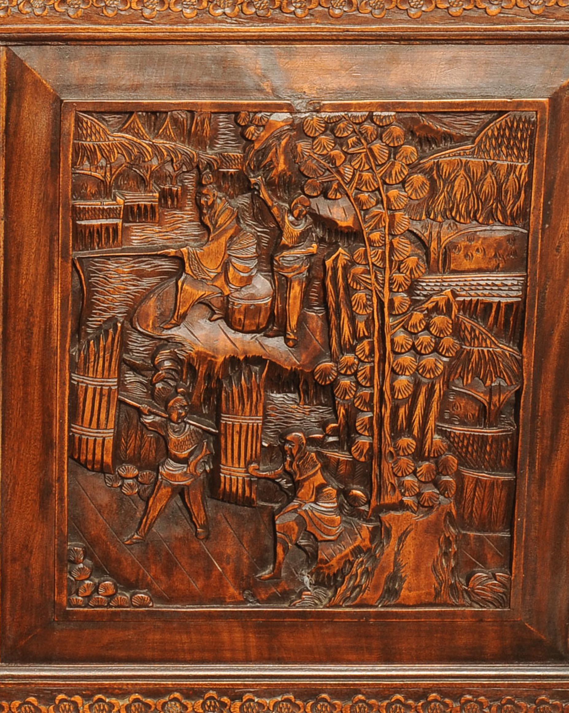 Exquisite Chinese Export Carved Two Door Five Campaign Drawer Camphor Chest For Sale 1