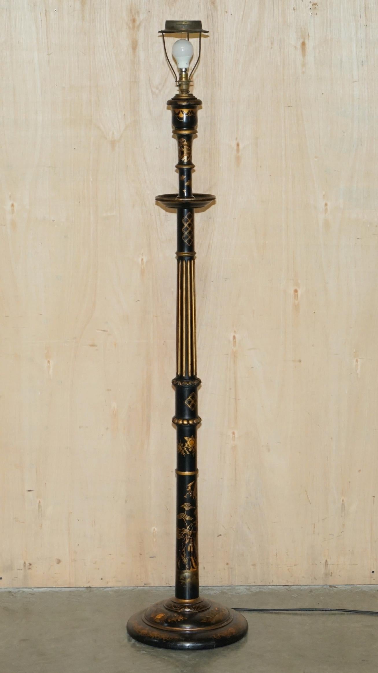 Chinoiserie EXQUISITE CHINESE EXPORT CIRCA 1920 ANTIQUE CHINOISERIE BLACK LACQUER FLOOR LAMp