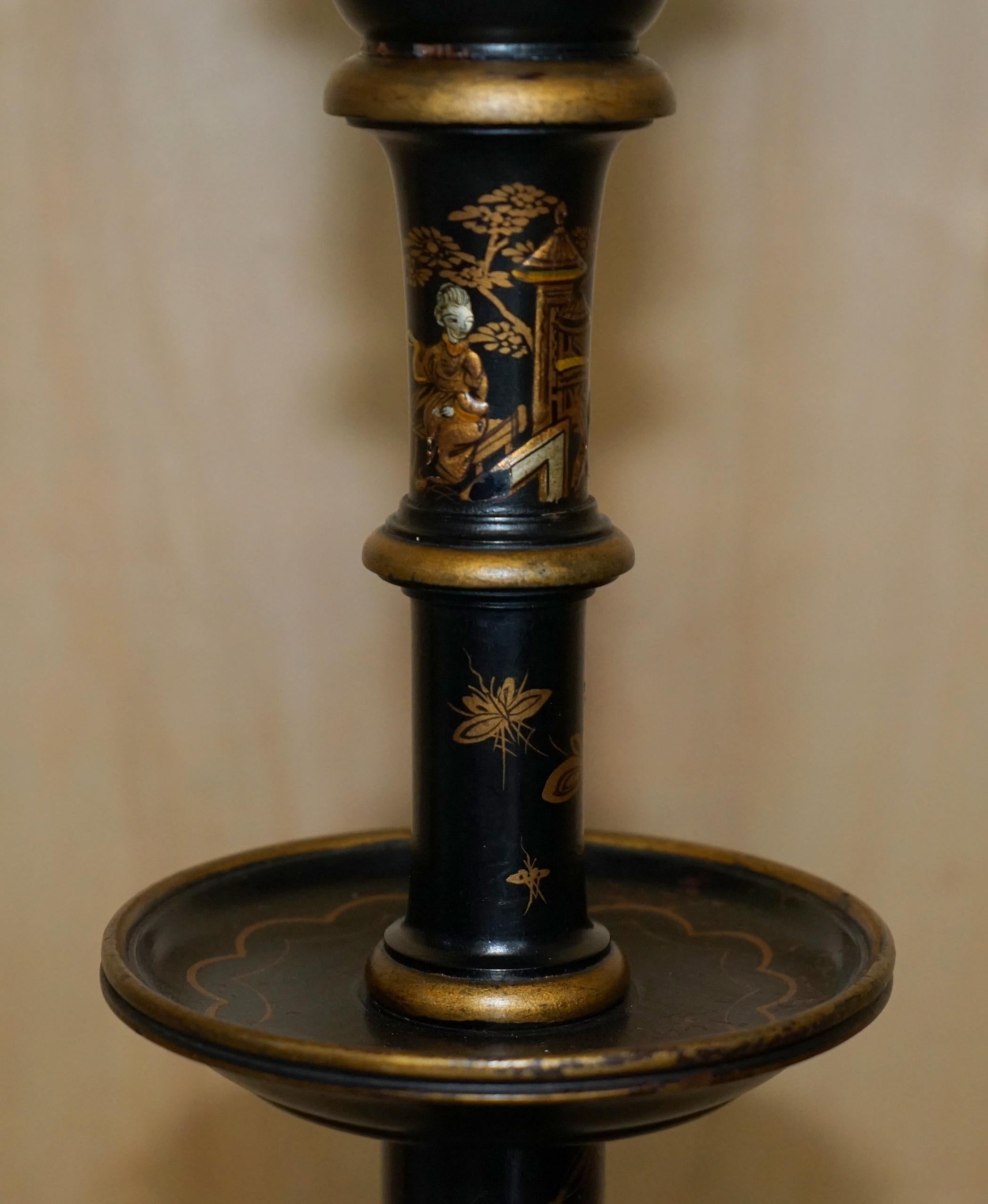 Wood EXQUISITE CHINESE EXPORT CIRCA 1920 ANTIQUE CHINOISERIE BLACK LACQUER FLOOR LAMp