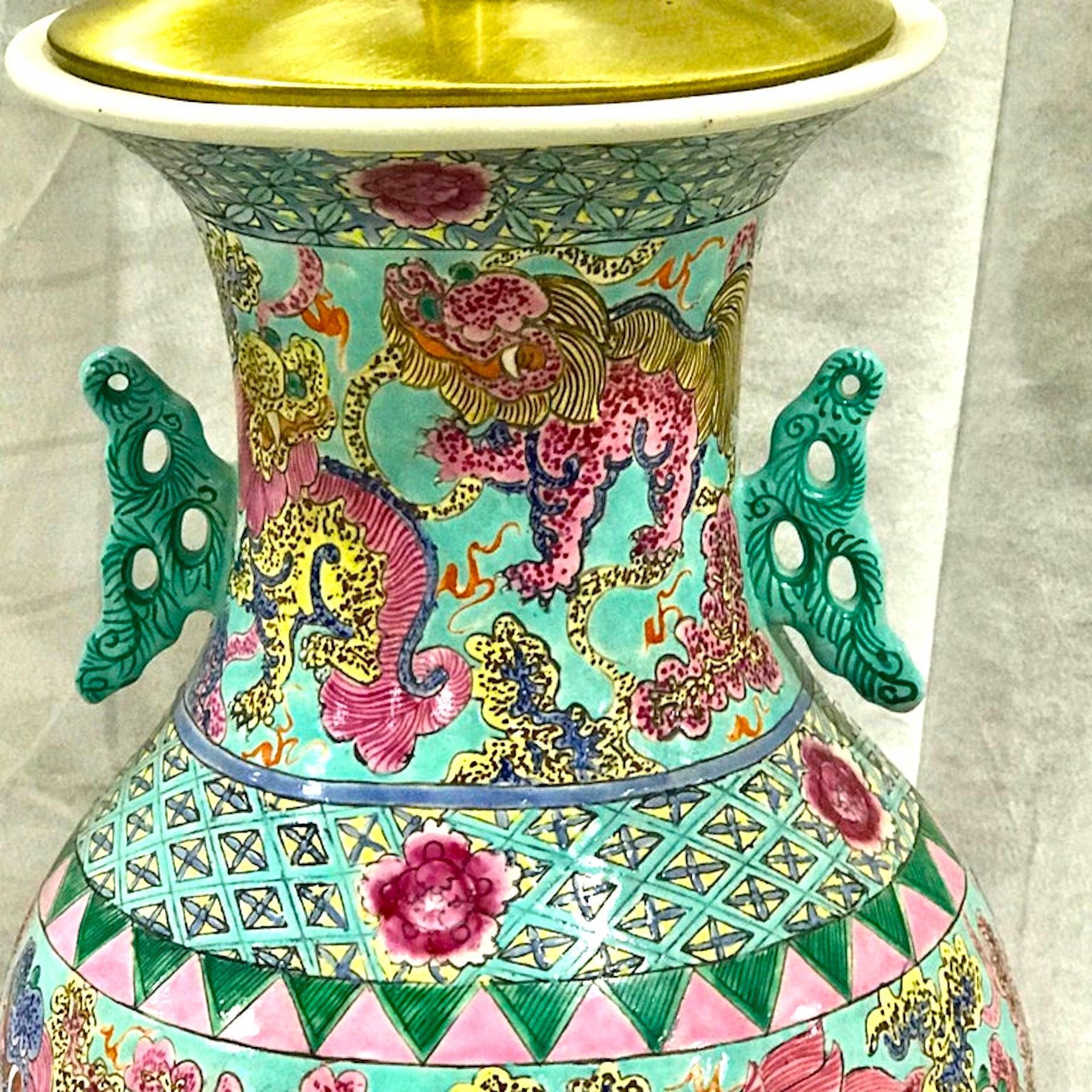 Chinese Export Exquisite Chinese Famille Rose Foo Dog Motif Vase, Now as a Lamp For Sale