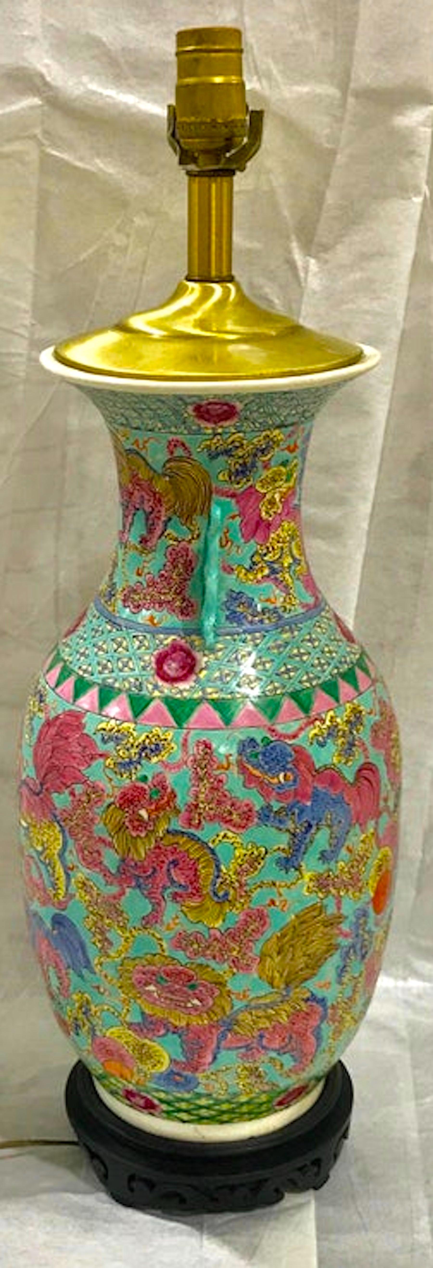 19th Century Exquisite Chinese Famille Rose Foo Dog Motif Vase, Now as a Lamp For Sale