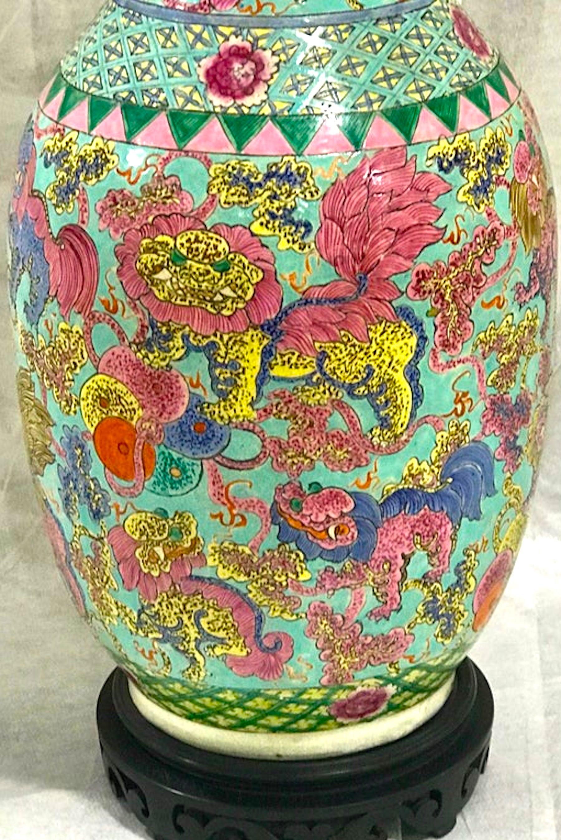 Brass Exquisite Chinese Famille Rose Foo Dog Motif Vase, Now as a Lamp For Sale