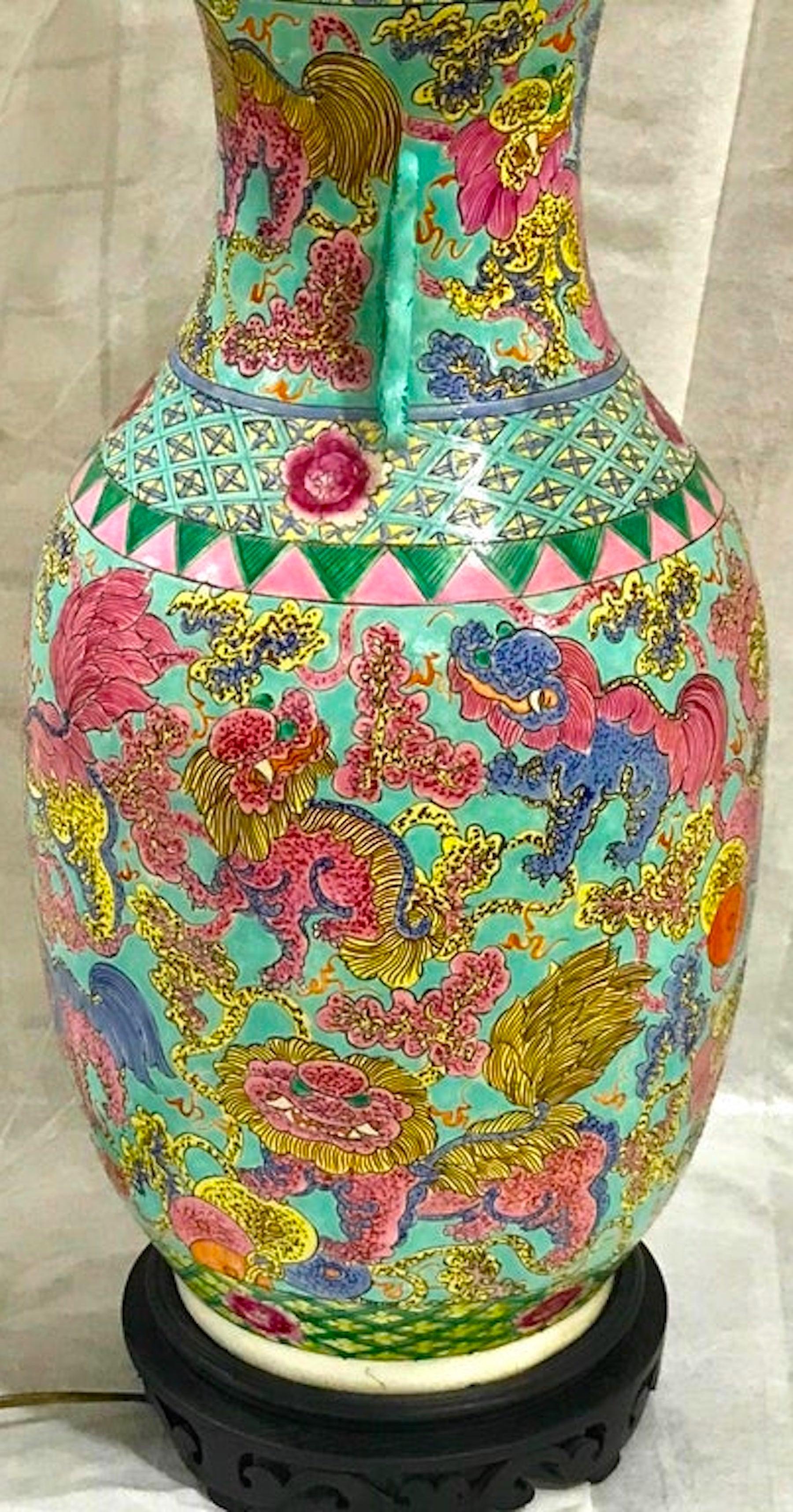 Exquisite Chinese Famille Rose Foo Dog Motif Vase, Now as a Lamp 1