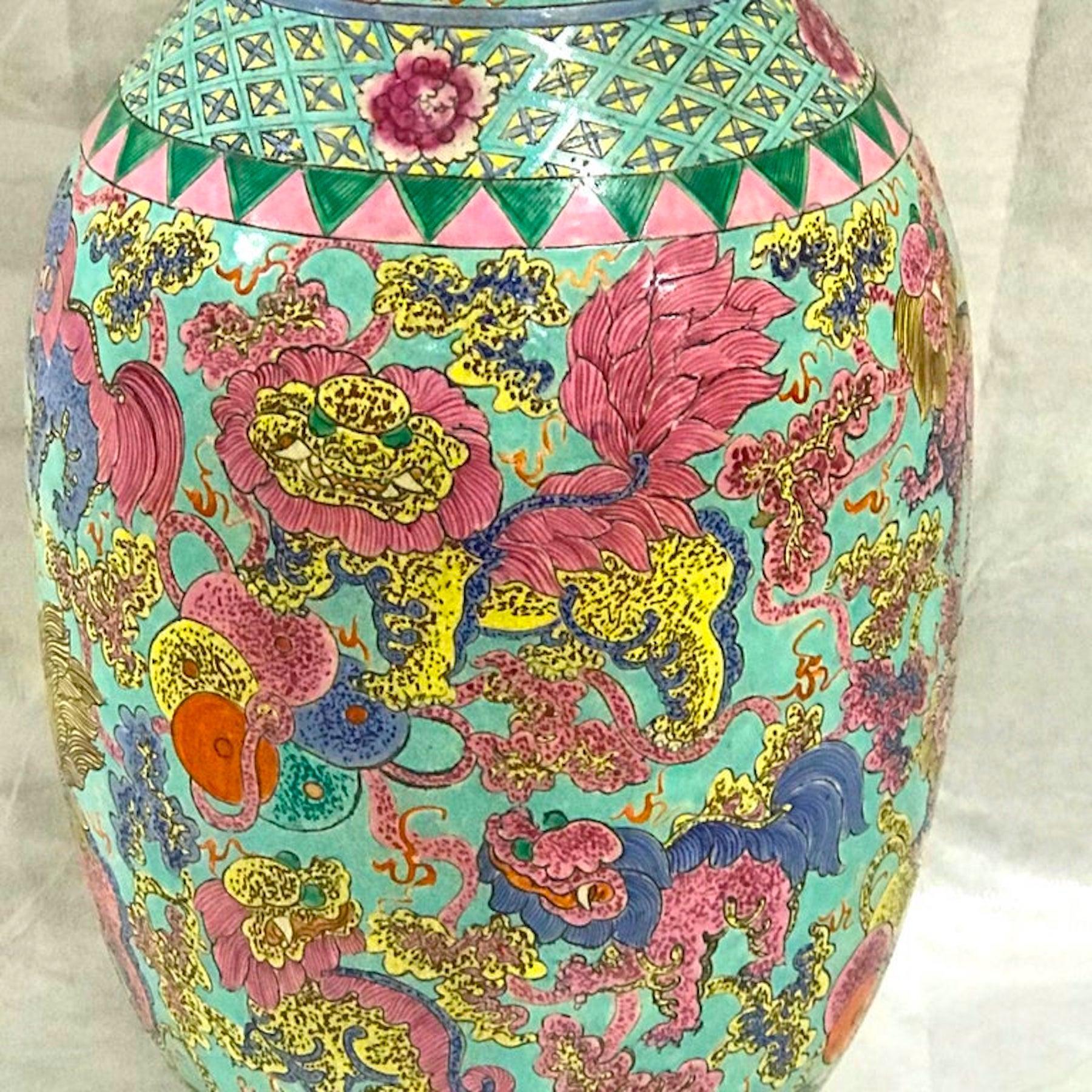Exquisite Chinese Famille Rose Foo Dog Motif Vase, Now as a Lamp For Sale 2