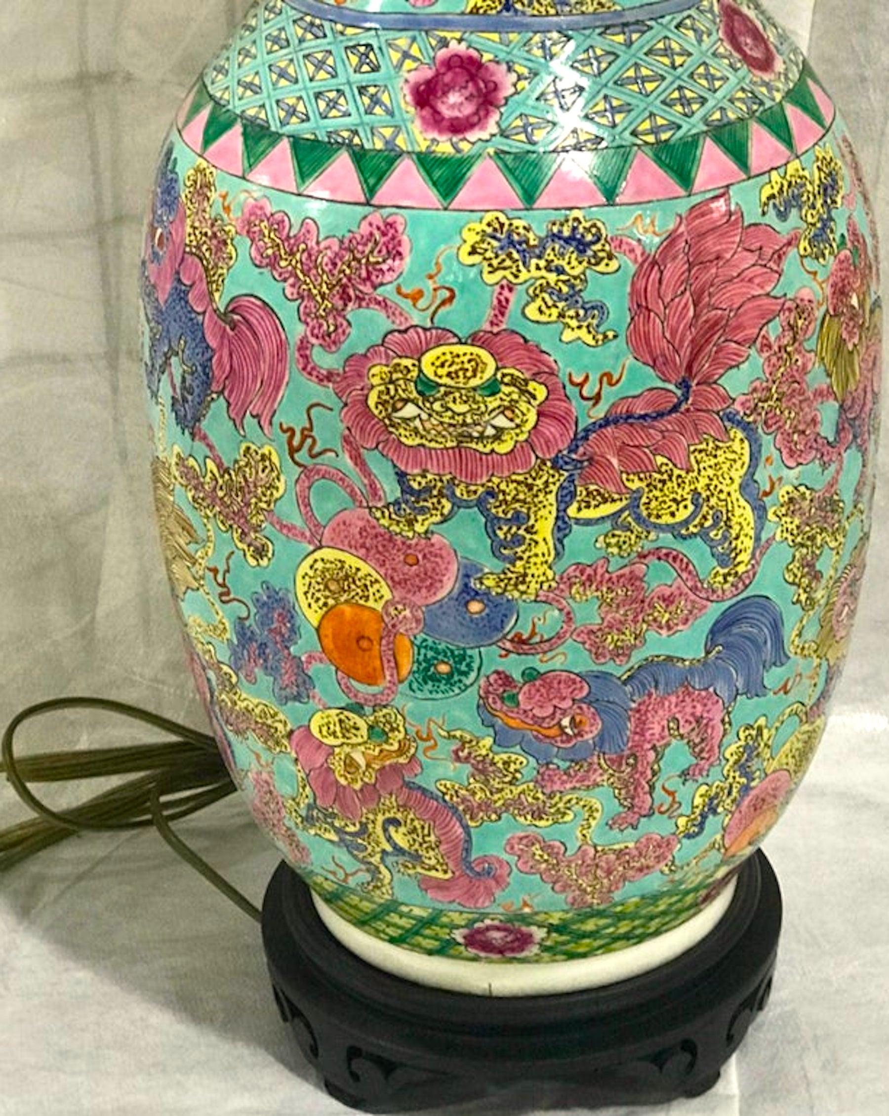 Exquisite Chinese Famille Rose Foo Dog Motif Vase, Now as a Lamp For Sale 3