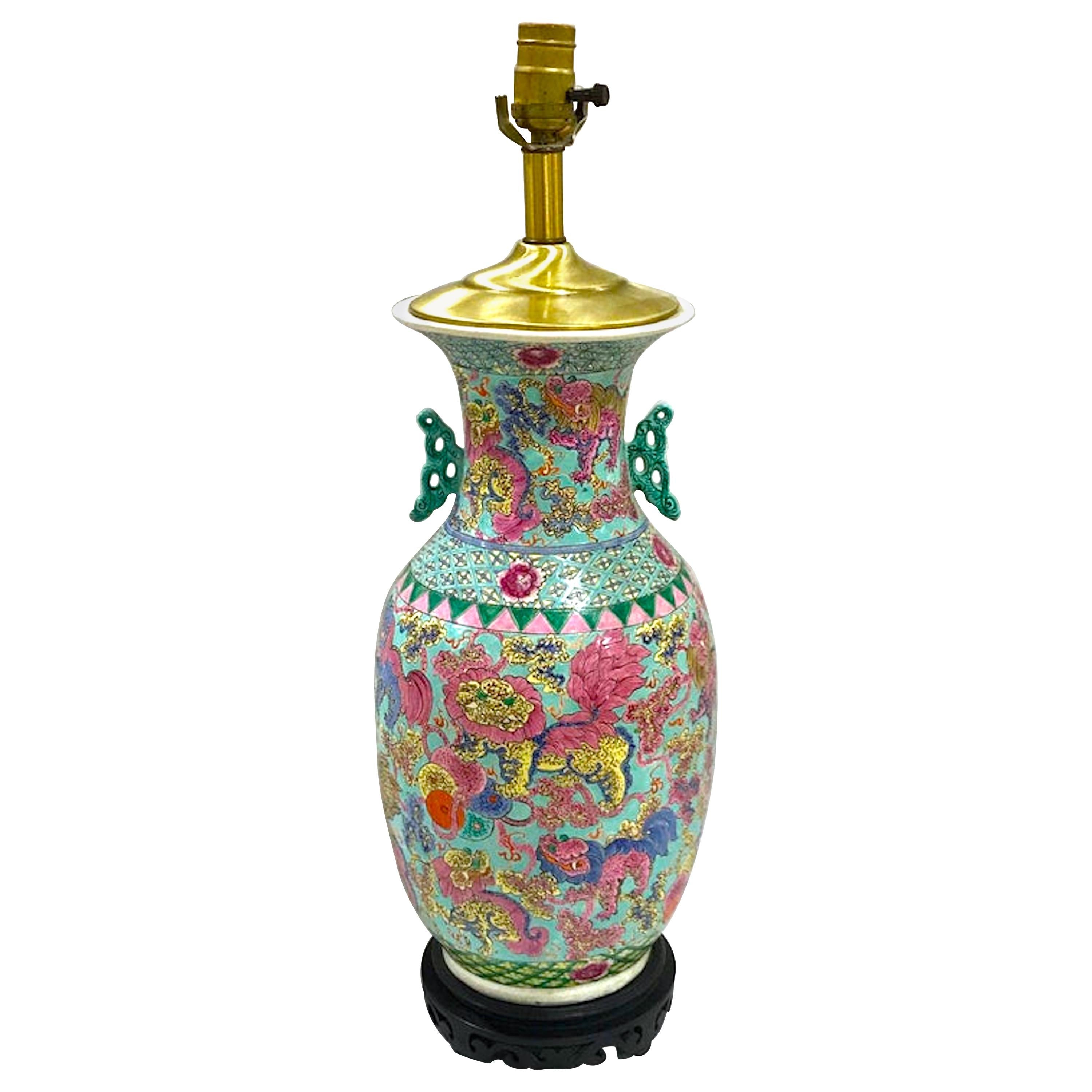 Exquisite Chinese Famille Rose Foo Dog Motif Vase, Now as a Lamp For Sale