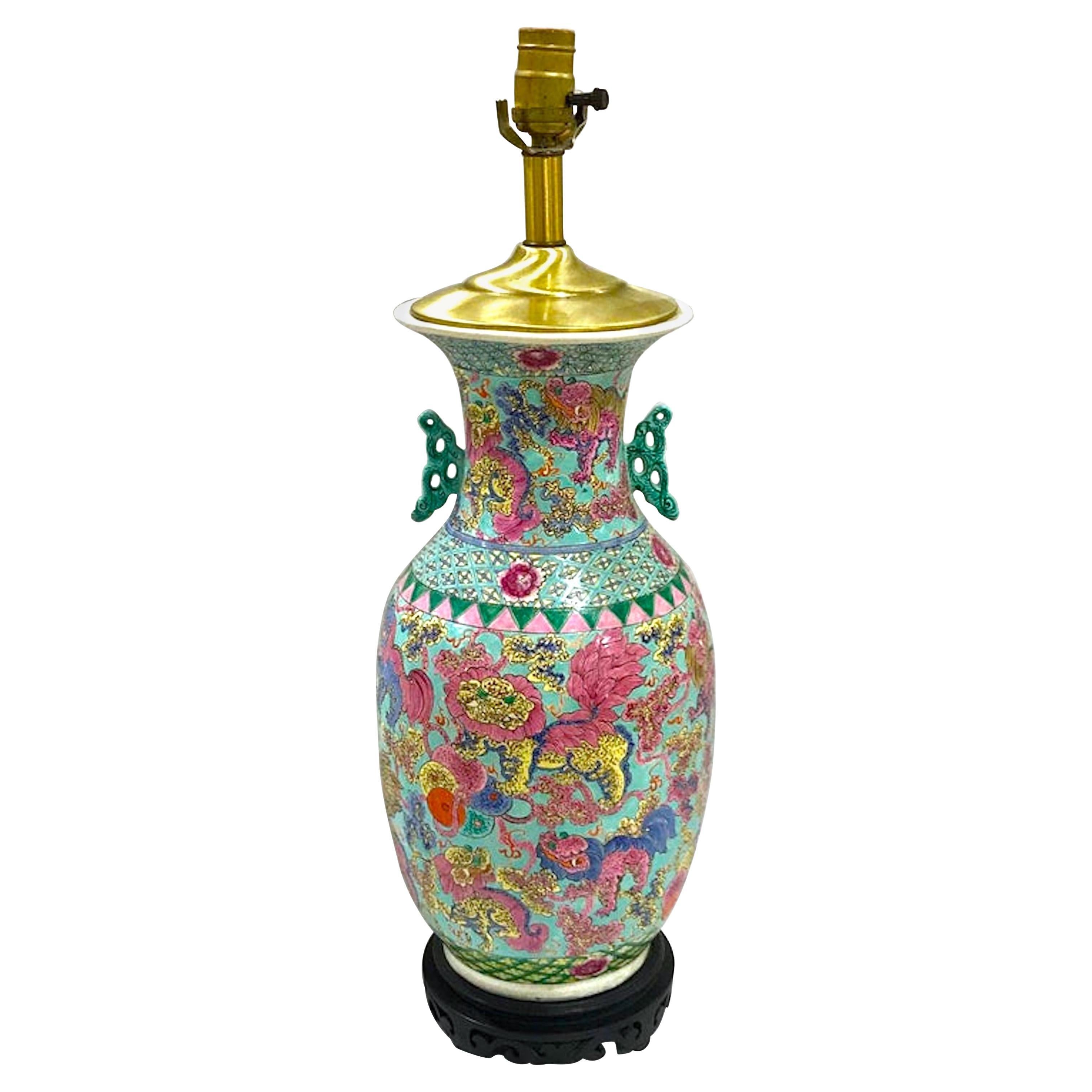 Exquisite Chinese Famille Rose Foo Dog Motif Vase, Now as a Lamp