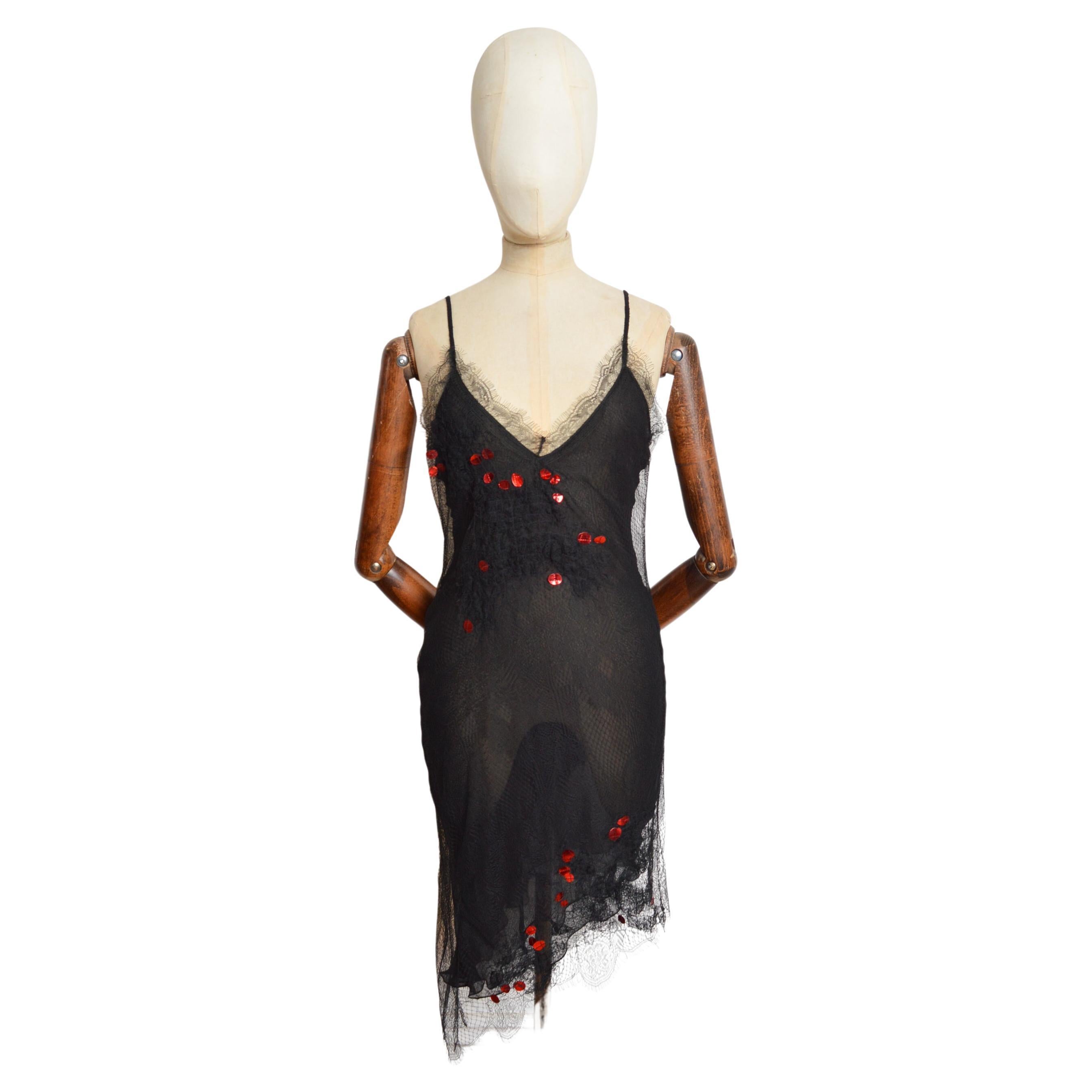 Exquisite Christian Lacroix Black Chantilly Lace Couture Slip Dress Circa 2000 en vente