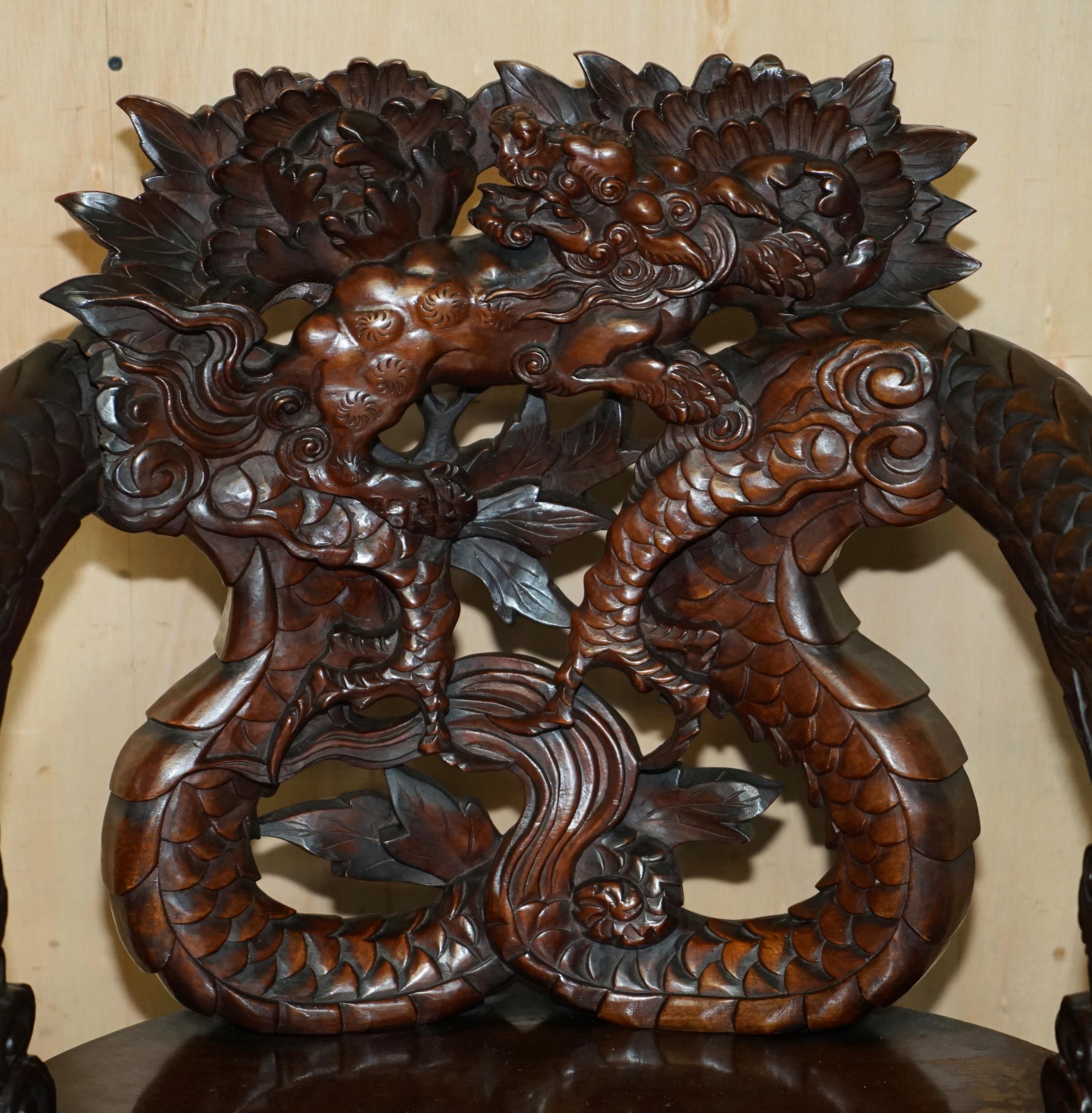 Exportation chinoise EXQUISITE CIRCA 1880 ARMCHAiR DE DRAGON CHINOIS EN BOIS CARACTERE DYNASTIQUE DE LA VILLE DE QING en vente