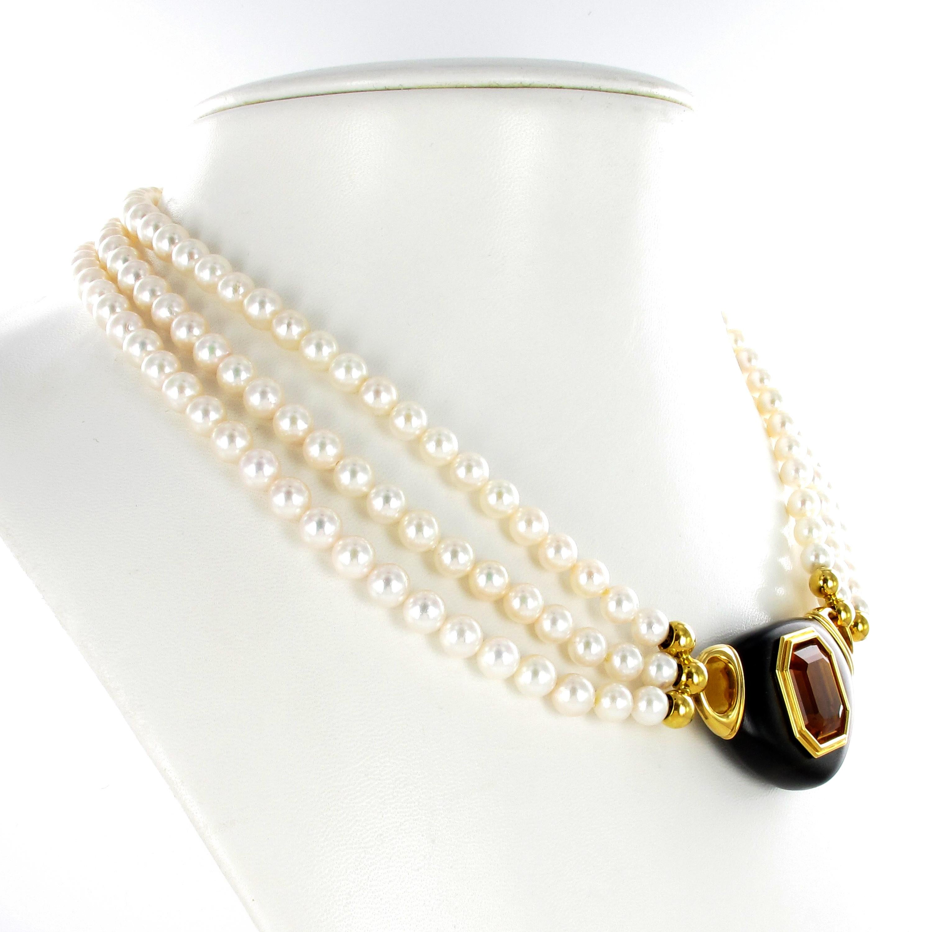 Contemporary Exquisite Citrine, Ebony and Akoya Cultured Pearl Necklace For Sale