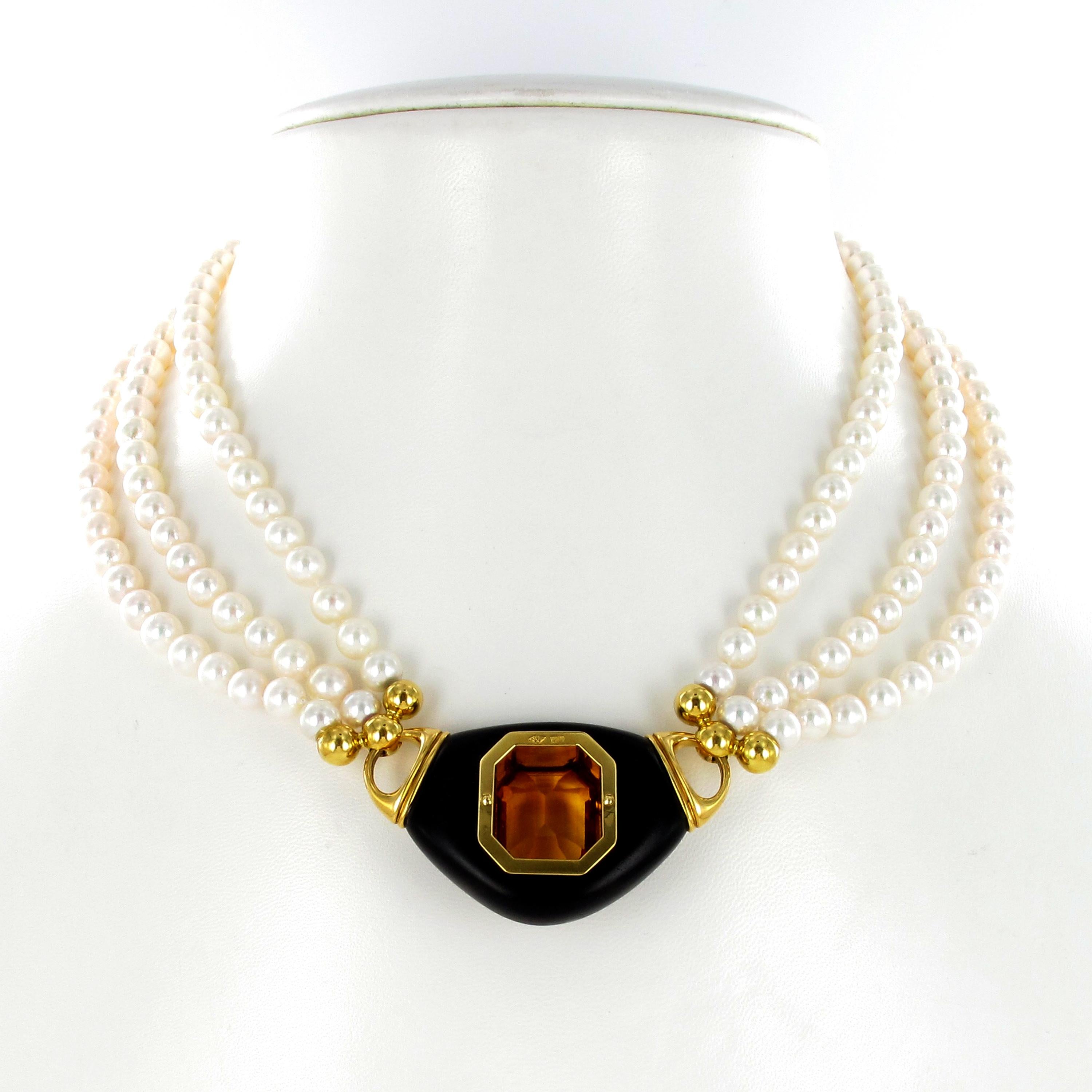 Exquisite Citrine, Ebony and Akoya Cultured Pearl Necklace For Sale 1