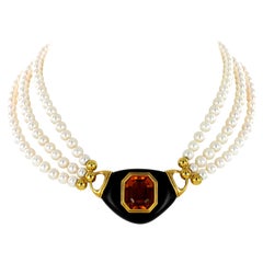 Retro Exquisite Citrine, Ebony and Akoya Cultured Pearl Necklace