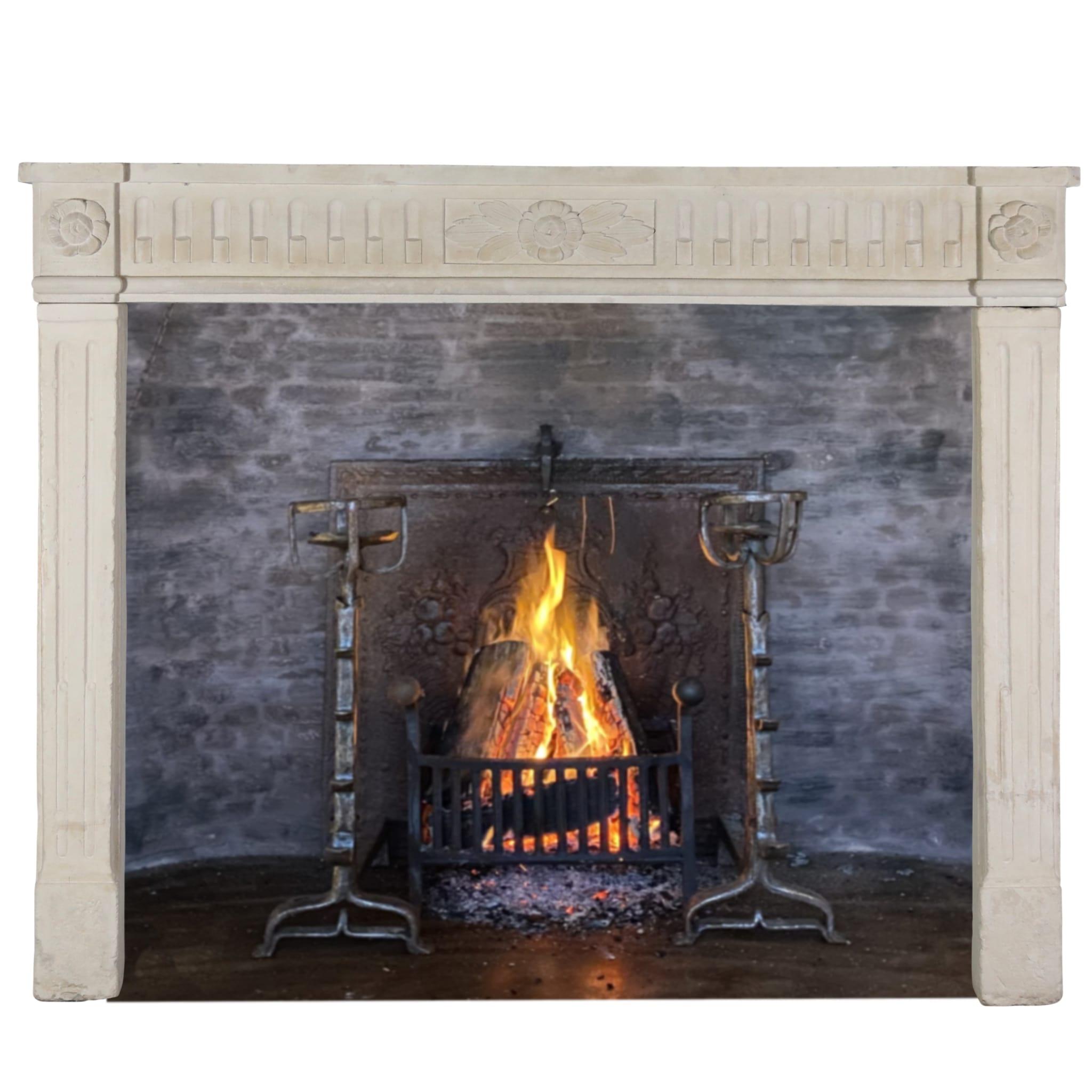 Hand-Carved Exquisite Classic French Antique Limestone Fireplace Surround For Sale