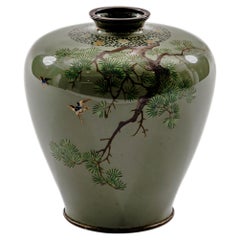 Exquisite Cloisonné Enamel Vase Birds Pine Celadon Ground, Attributed Hayashi