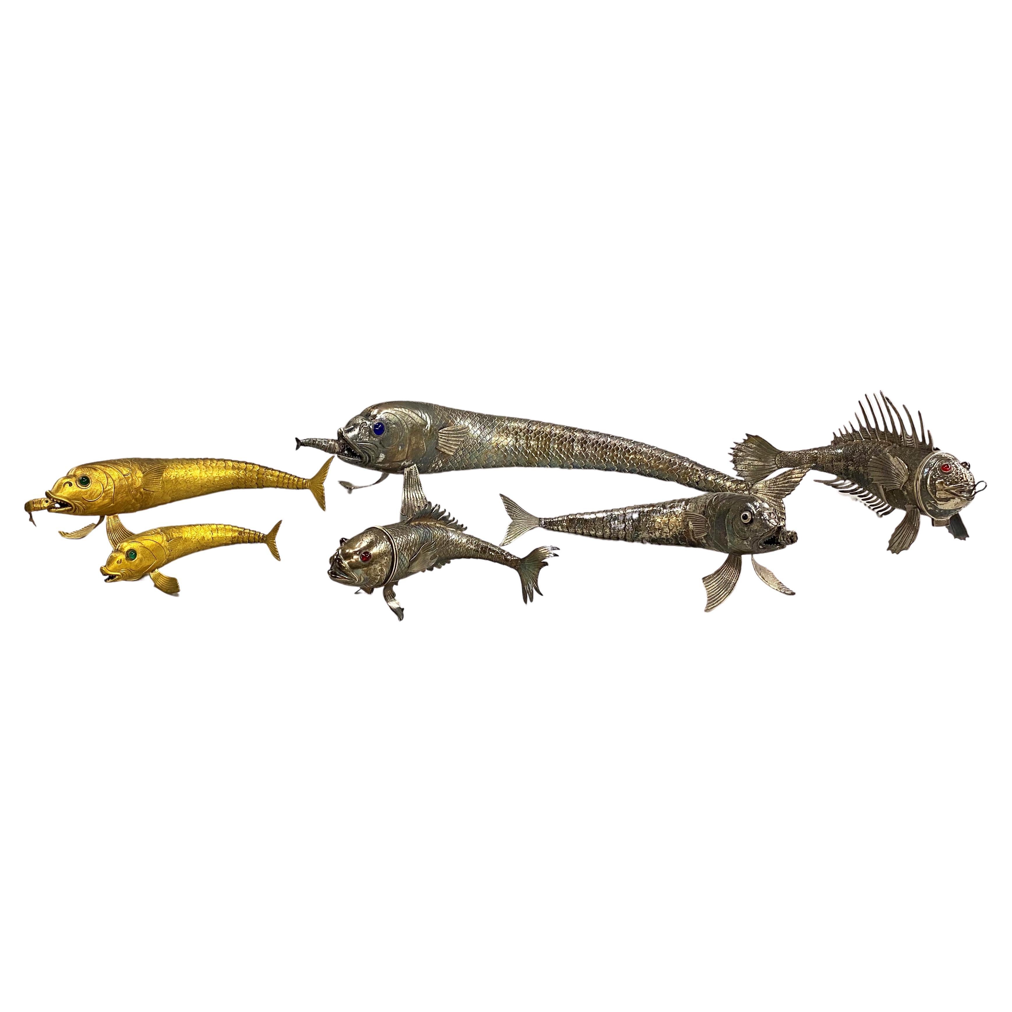 Exquisite Collection of Six Silver & Gilt Articulated Fish from Spain / Italy