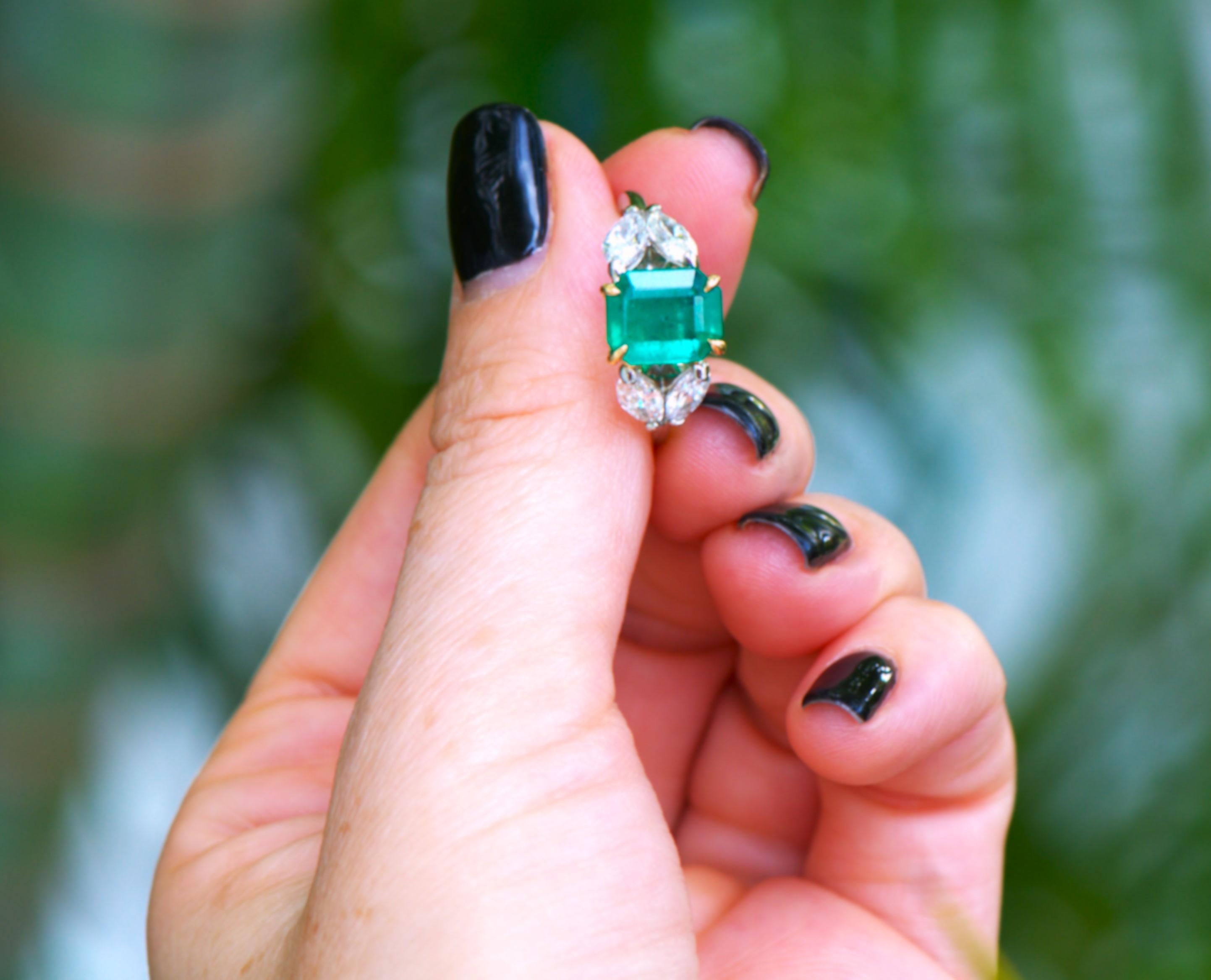 Emerald Cut Exquisite Colombian Emerald and Diamond Ring in 18kt Yellow and White Gold For Sale