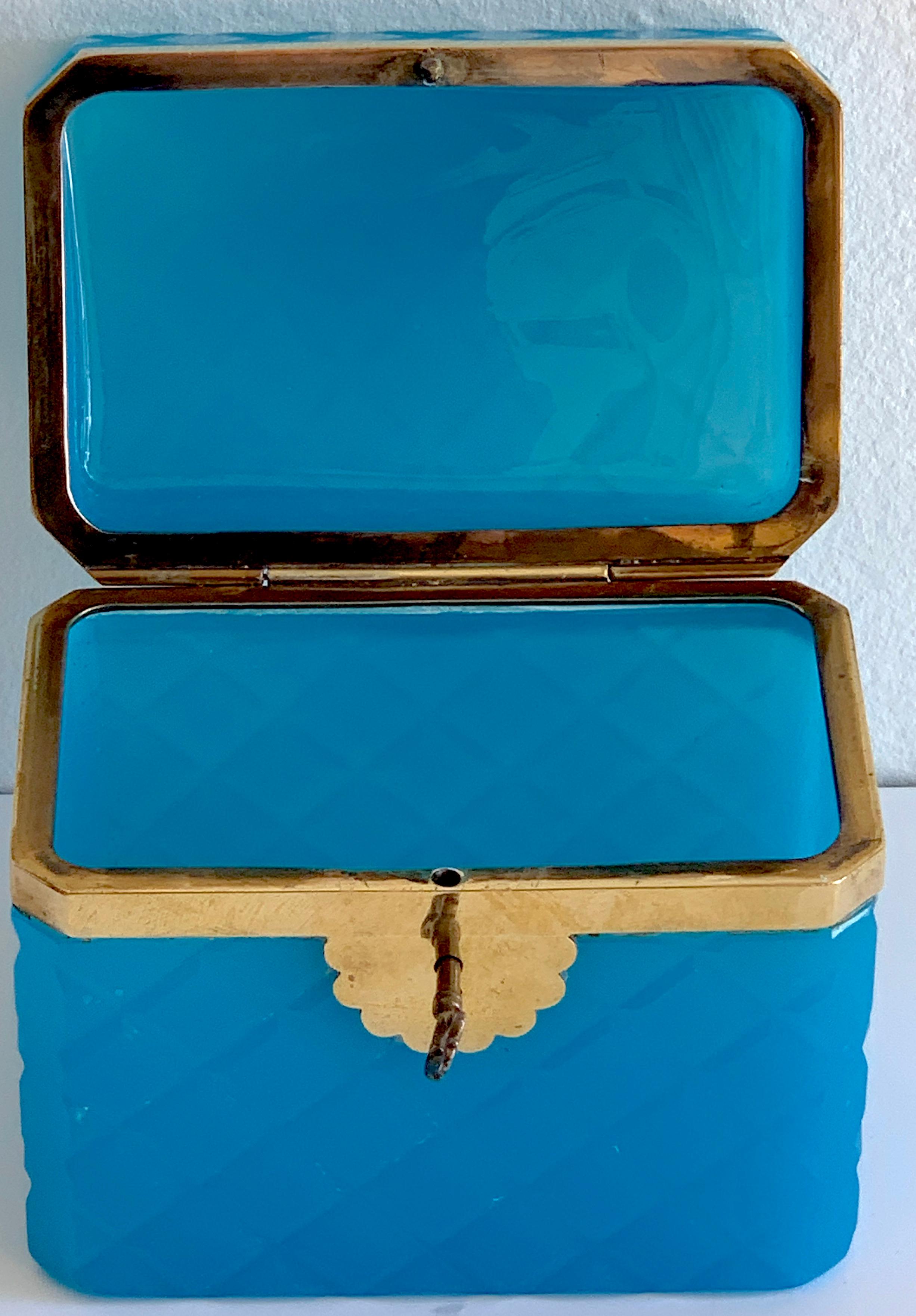 French Exquisite Cut Blue Opaline Box, with Key