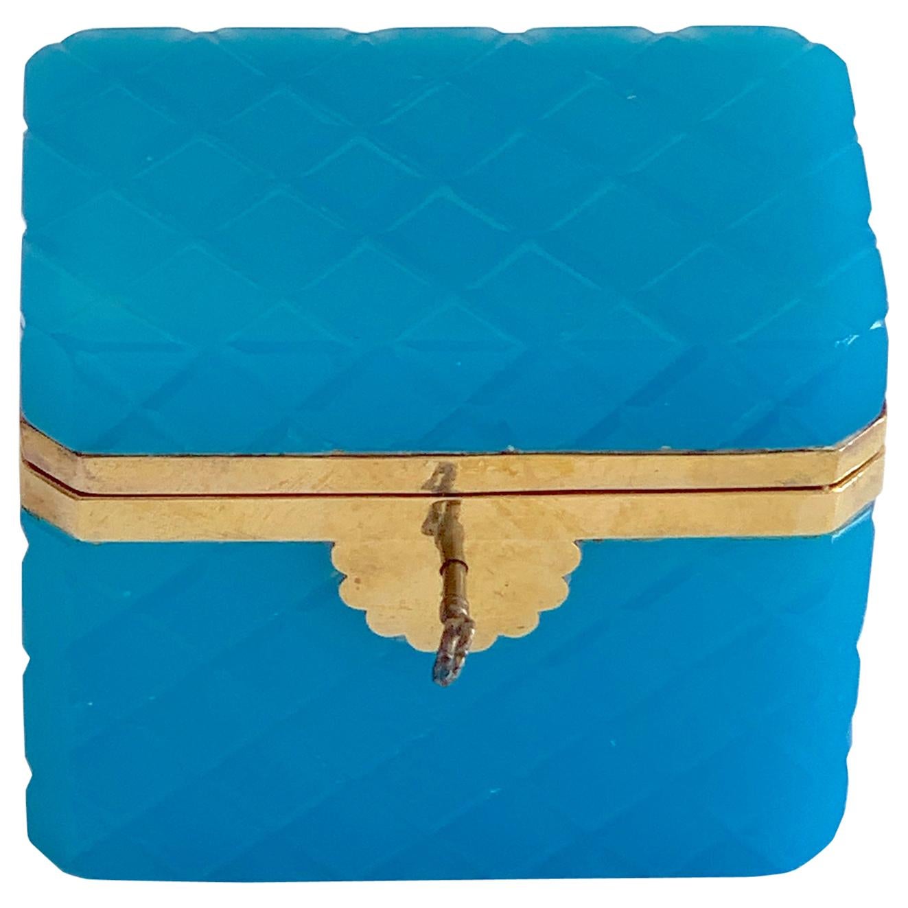 Exquisite Cut Blue Opaline Box, with Key