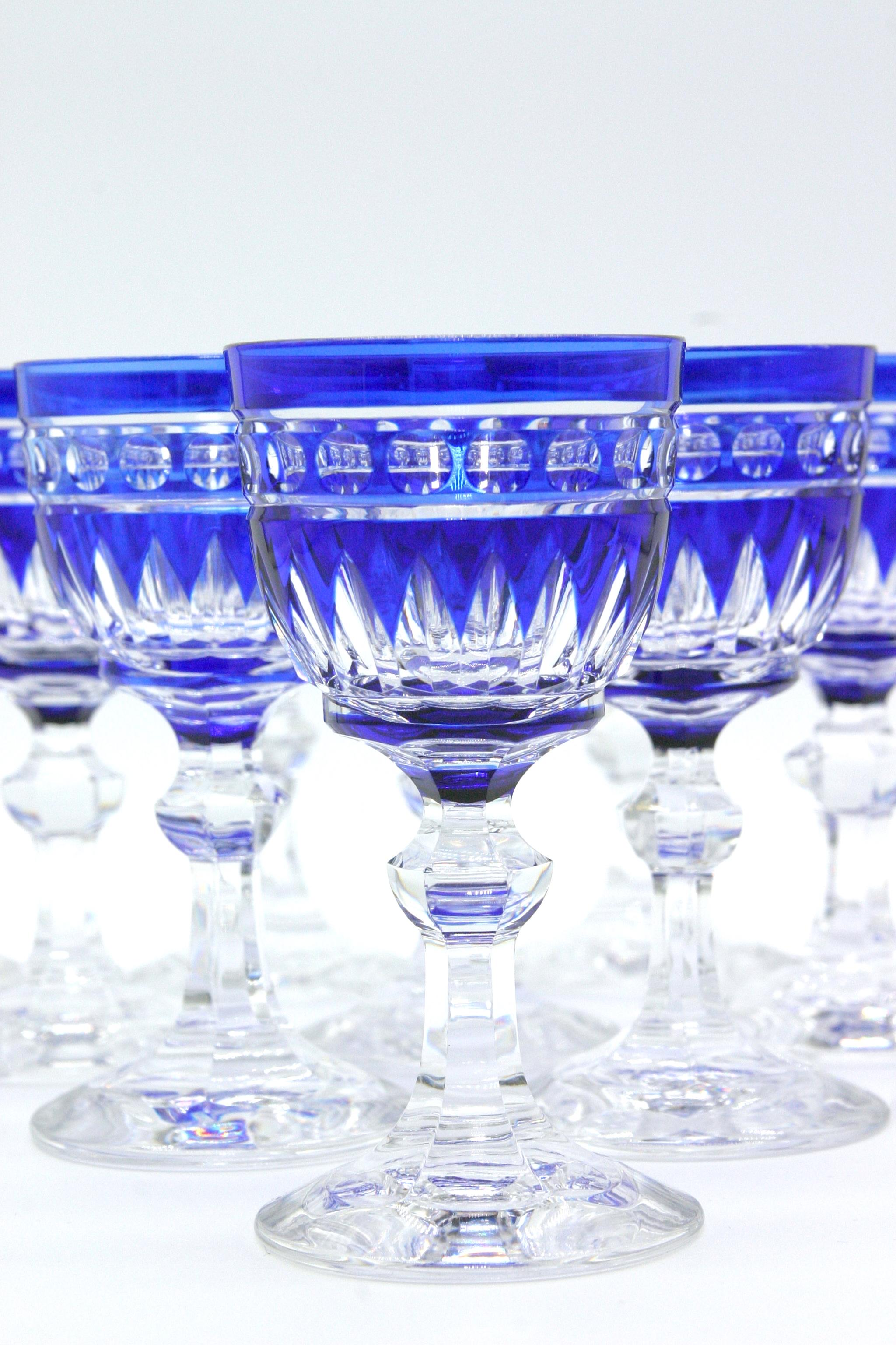 Exquisite set of Val Saint Lambert Barware / tableware cobalt blue crystal wine , water service for 10 people . Val crystal is regarded as some of the most magnificent ever made and renowned for their exquisite color. This exquisite cut to clear