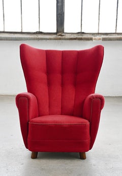 Exquisite Danish Lassen Style Mid-Century Lounge Chair in Red Wool, 1940's