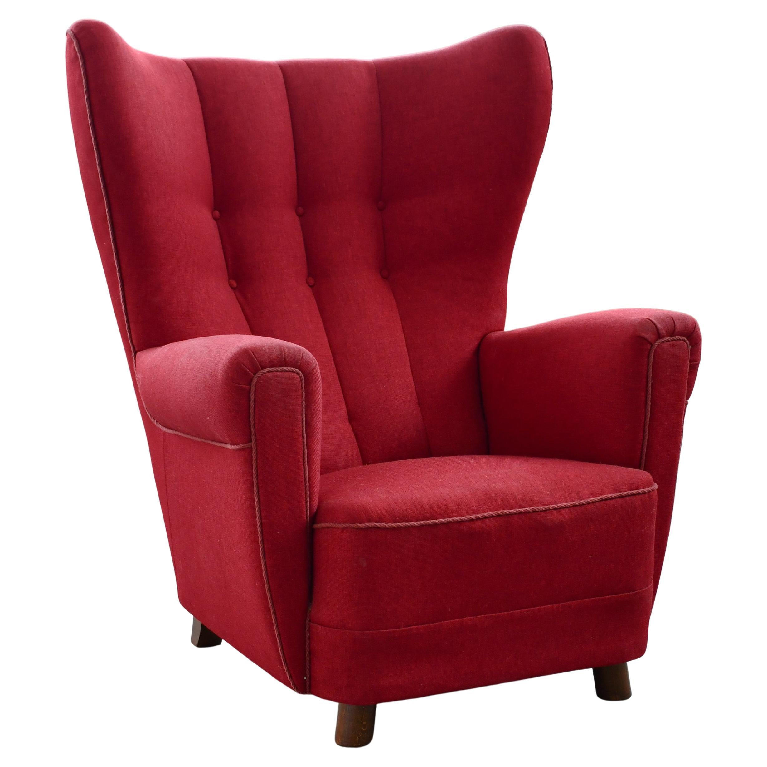 Exquisite Danish Lassen Style Mid-Century Lounge Chair in Red Wool, 1940's