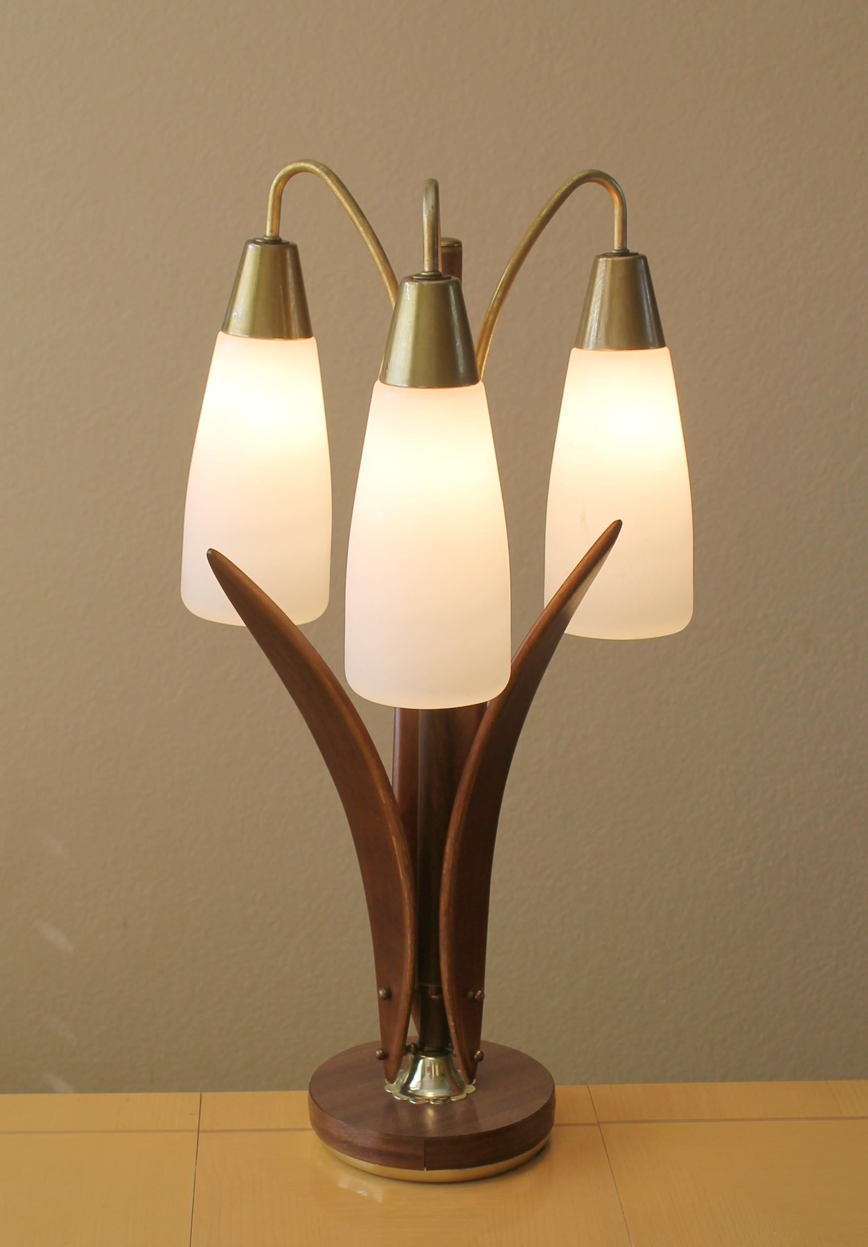 American Exquisite Danish Modern 3 Shade Glass and Walnut Lamp 1950s Mid Century Lighting For Sale