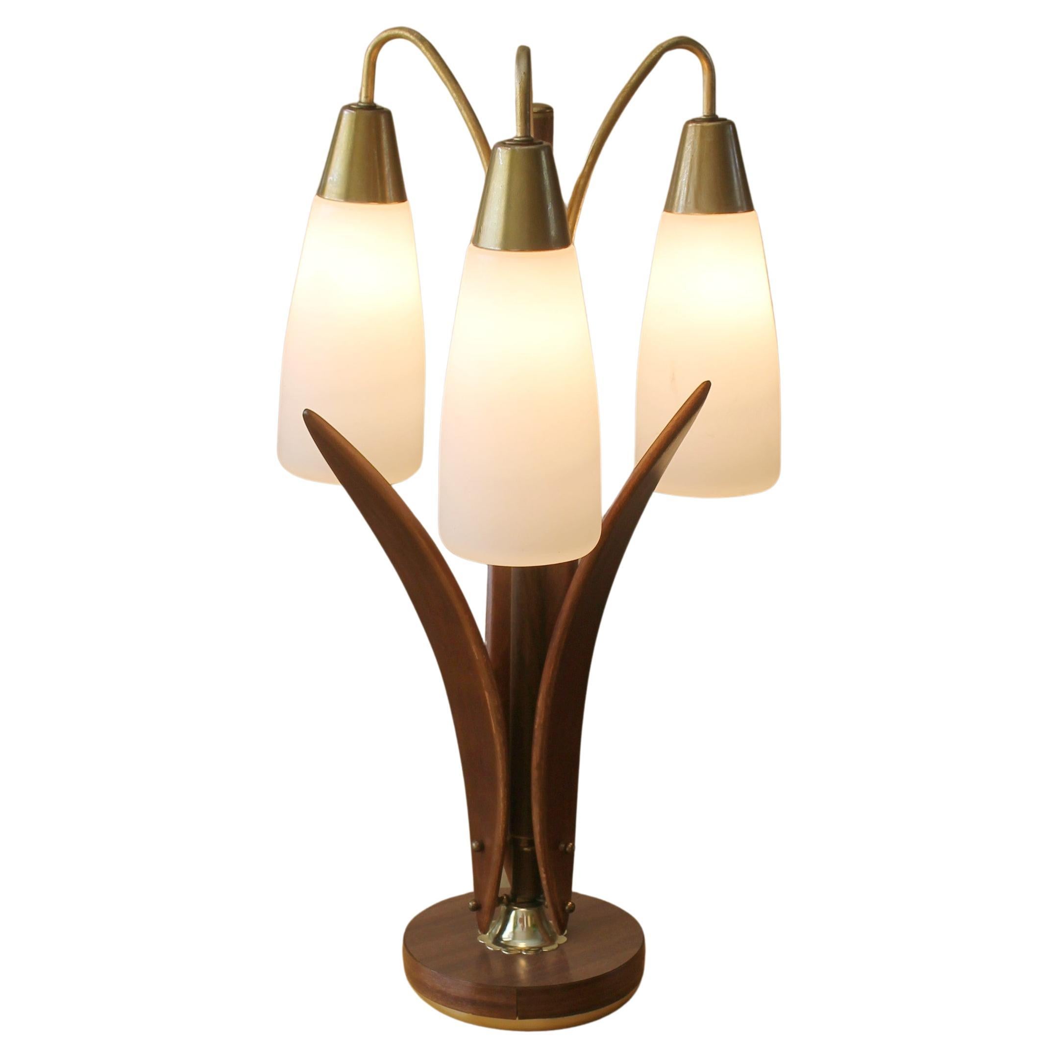 Exquisite Danish Modern 3 Shade Glass and Walnut Lamp 1950s Mid Century Lighting For Sale