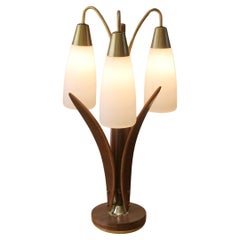 Antique Exquisite Danish Modern 3 Shade Glass and Walnut Lamp 1950s Mid Century Lighting