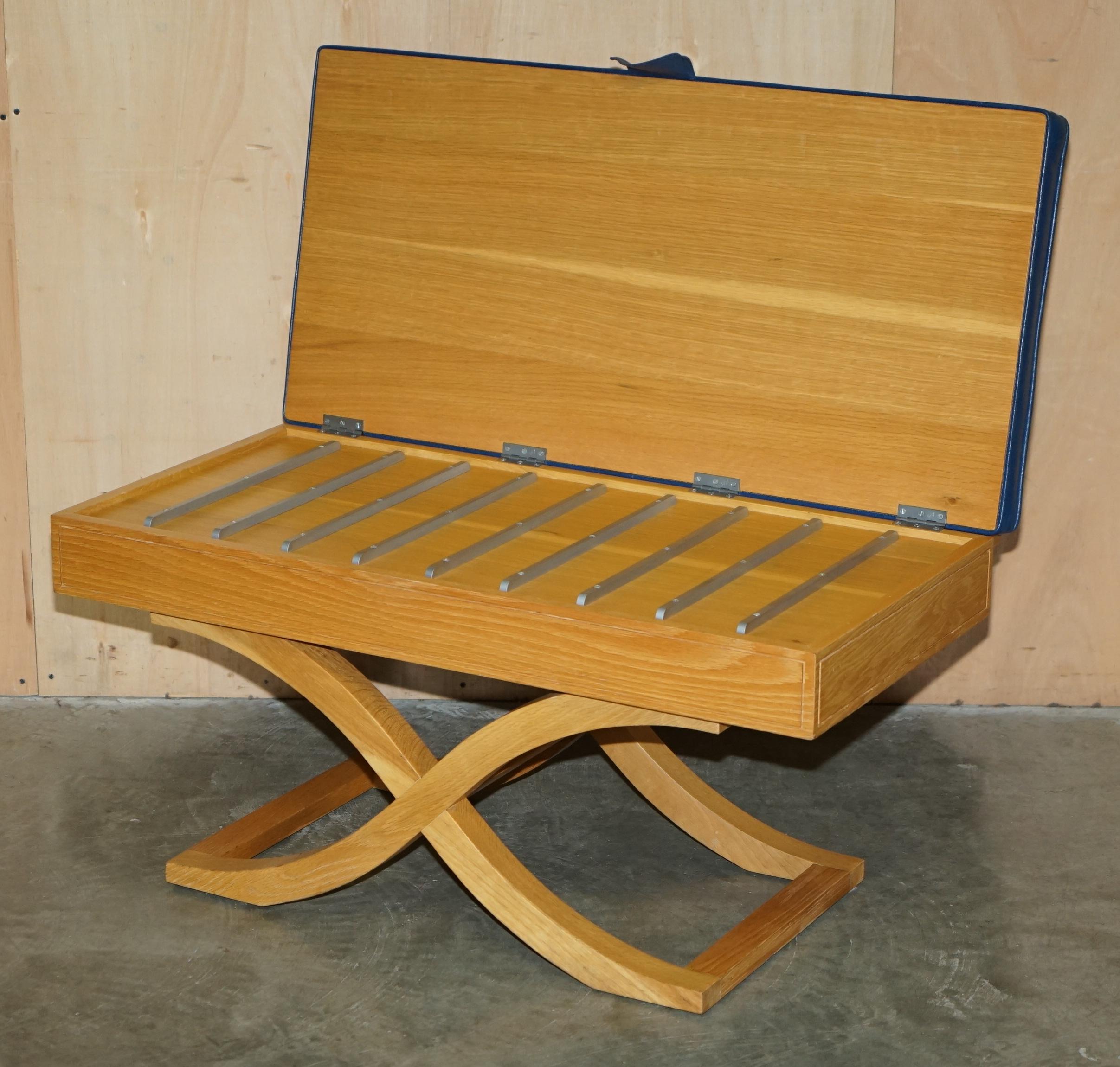 EXQUISITE DAVID LINLEY OSTRICH LEATHER SATiNWOOD HALL BENCH SEAT LUGGAGE RACK For Sale 3