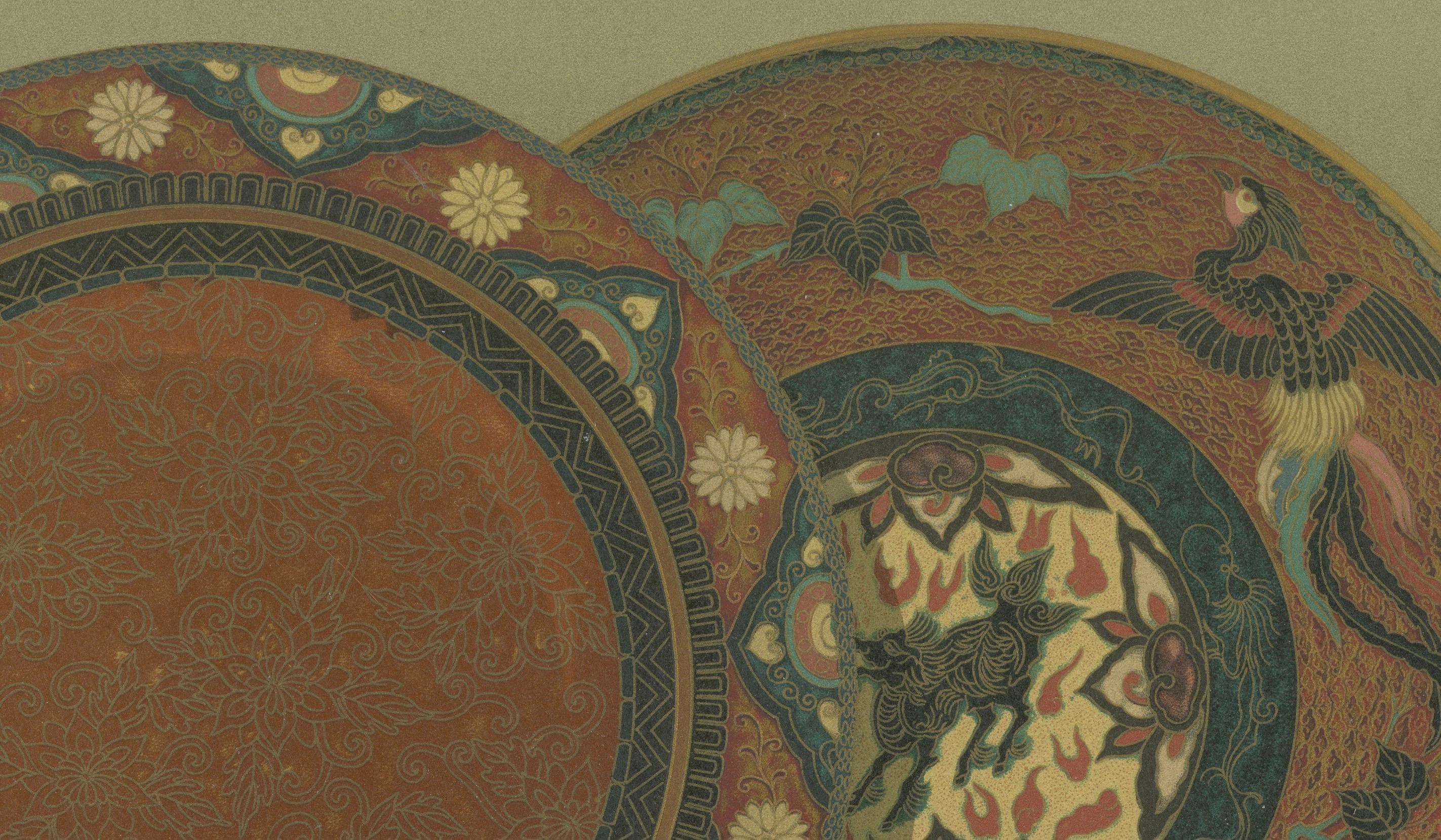 Exquisite Decorative Plates with Japanese Ornamental and Mythical Themes, 1884 In Good Condition For Sale In Langweer, NL