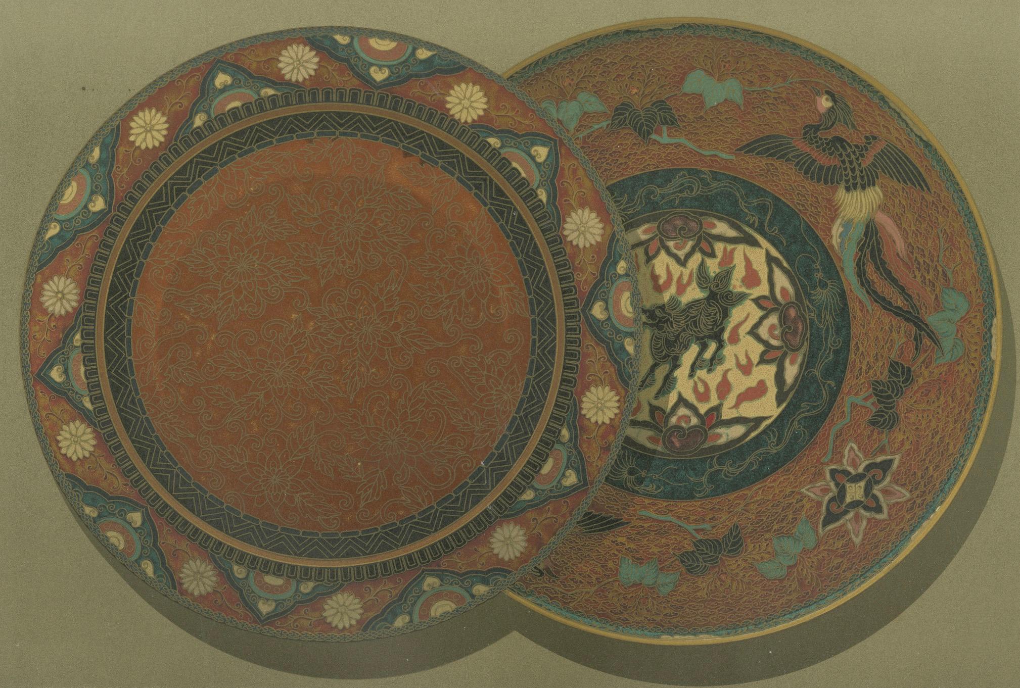 Late 19th Century Exquisite Decorative Plates with Japanese Ornamental and Mythical Themes, 1884 For Sale