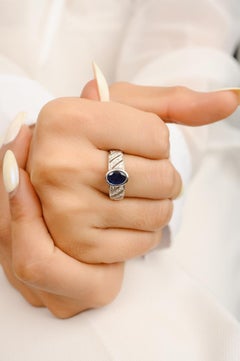 Exquisite Deep Blue Sapphire Diamond Unisex Engagement Ring in 18k White Gold
