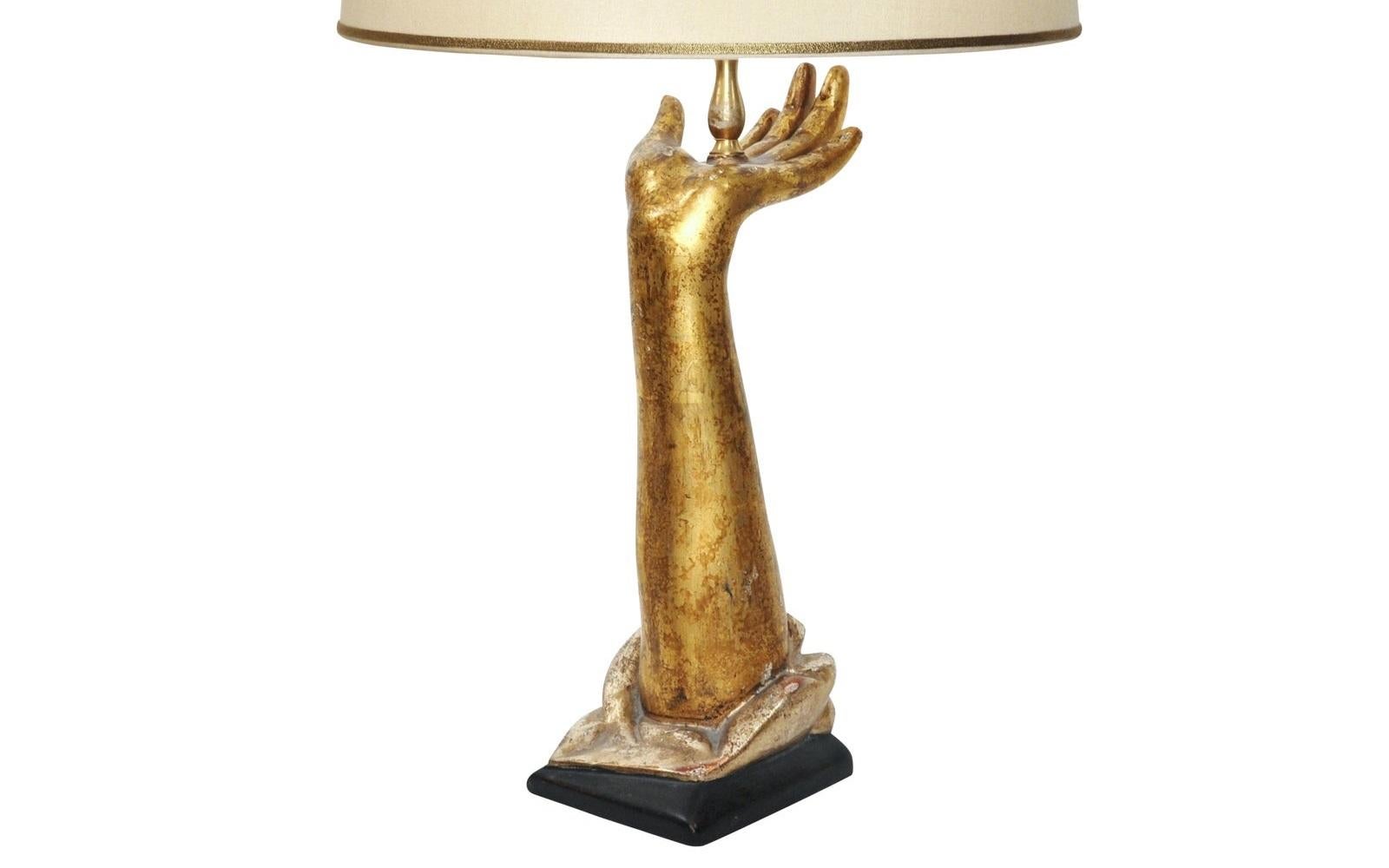 Hollywood Regency Exquisite Designer Giltwood Hand Form Table Lamp by Randy Esada Designs For Sale