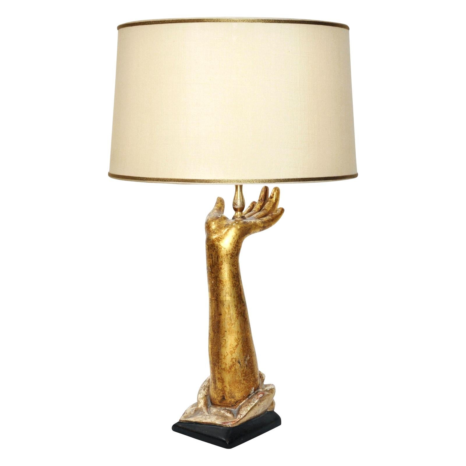 Exquisite Designer Giltwood Hand Form Table Lamp by Randy Esada Designs For Sale