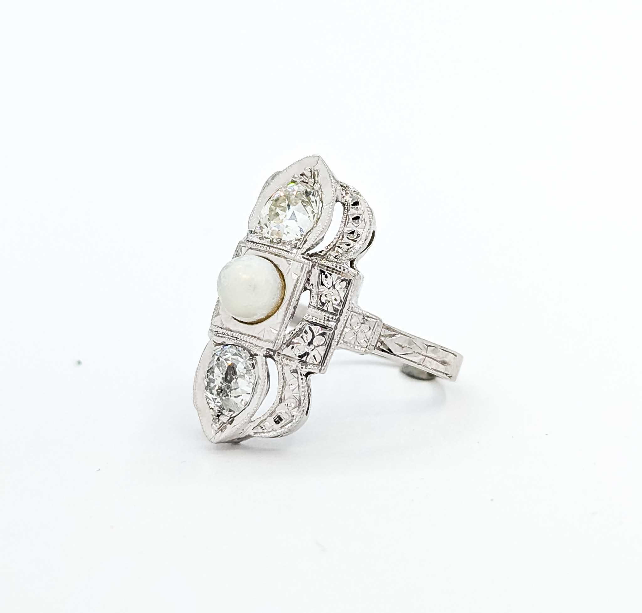 Art Deco Exquisite Diamond and Akoya Pearl Ring in 18k White Gold For Sale