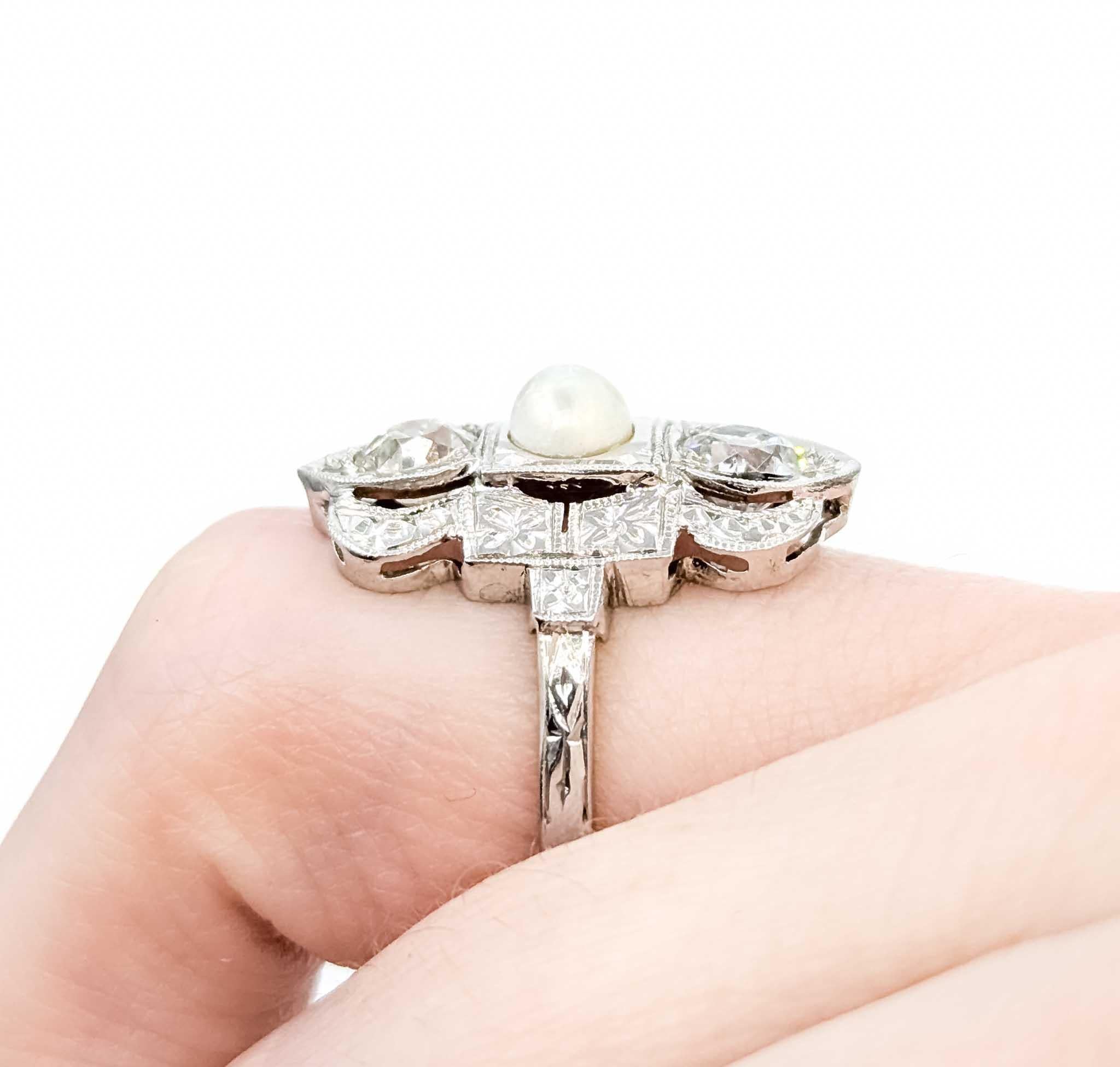 Old Mine Cut Exquisite Diamond and Akoya Pearl Ring in 18k White Gold For Sale