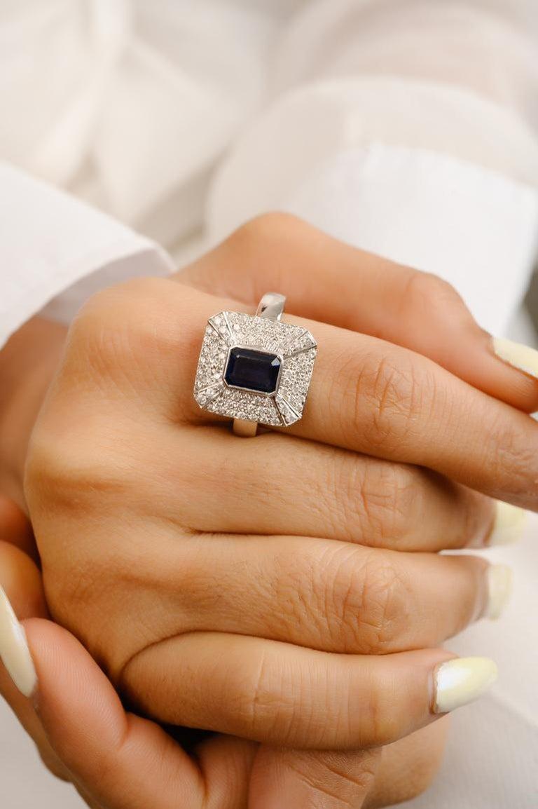 For Sale:  Exquisite Diamond and Emerald Cut Blue Sapphire Ring in 18k Solid White Gold 4