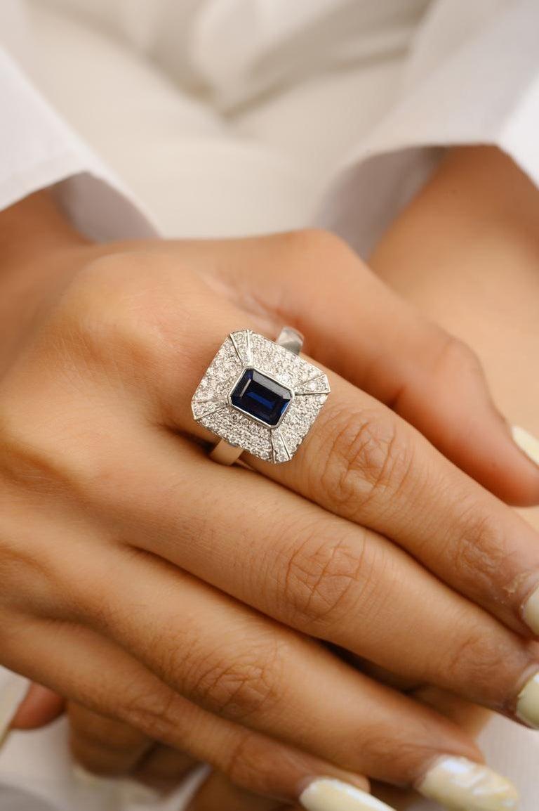 For Sale:  Exquisite Diamond and Emerald Cut Blue Sapphire Ring in 18k Solid White Gold 7