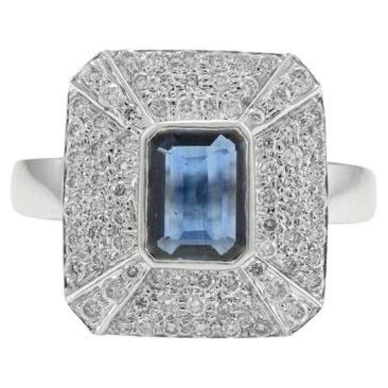 For Sale:  Exquisite Diamond and Emerald Cut Blue Sapphire Ring in 18k Solid White Gold 8