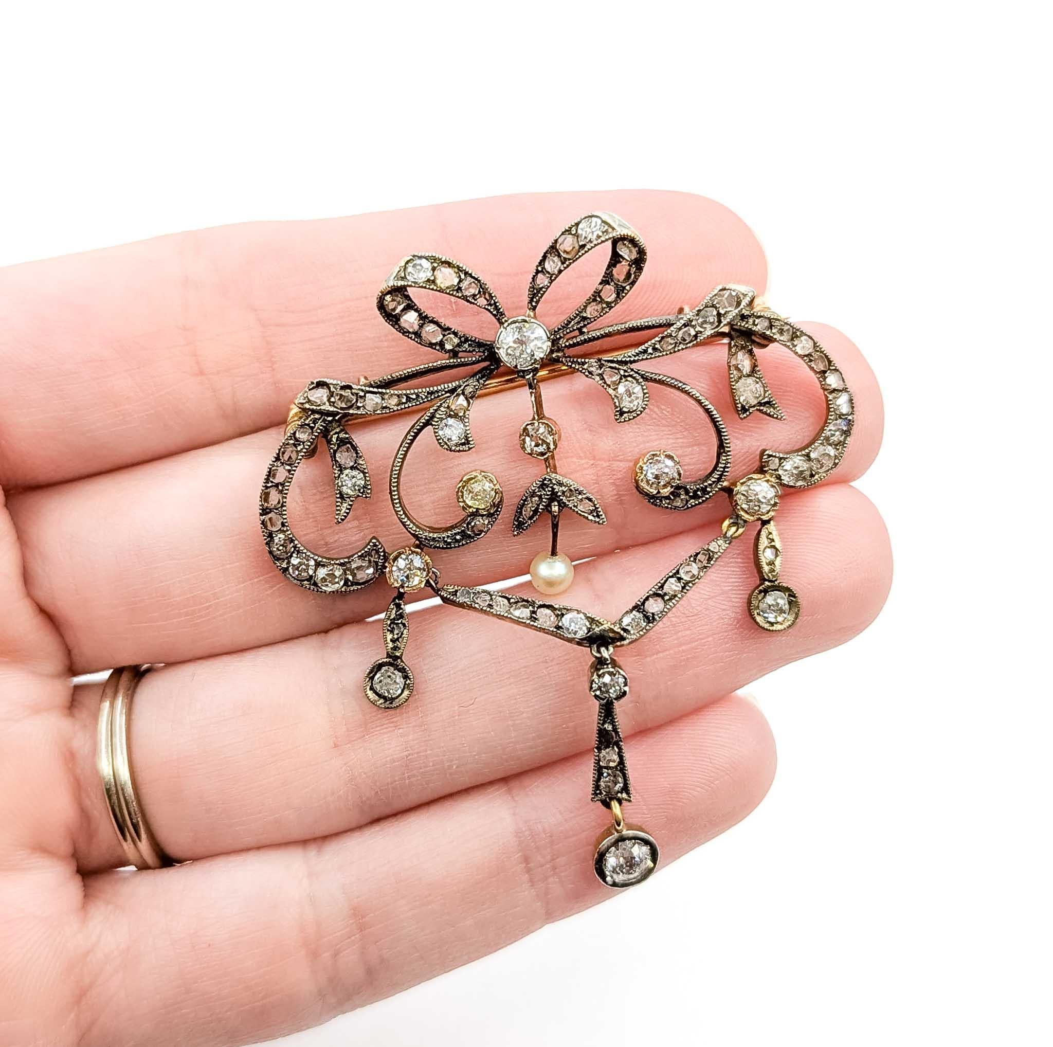 Victorian Exquisite Diamond Antique Bow Brooch/Pendant in Sterling Silver and 18k Yellow G For Sale