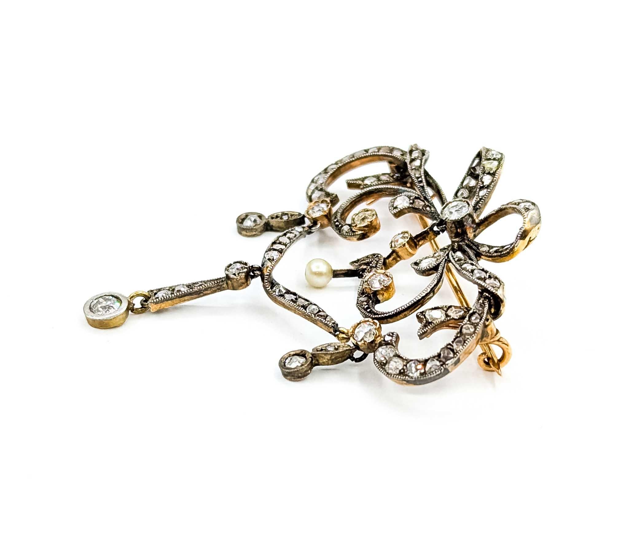 Rose Cut Exquisite Diamond Antique Bow Brooch/Pendant in Sterling Silver and 18k Yellow G For Sale