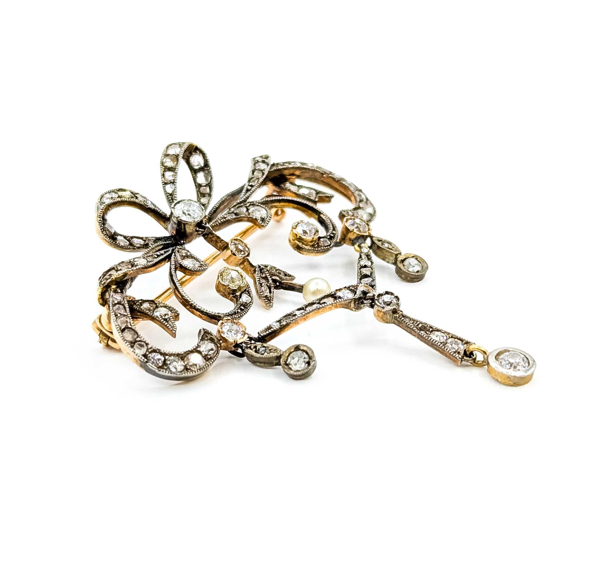 Exquisite Diamond Antique Bow Brooch/Pendant in Sterling Silver and 18k Yellow G In Excellent Condition For Sale In Bloomington, MN