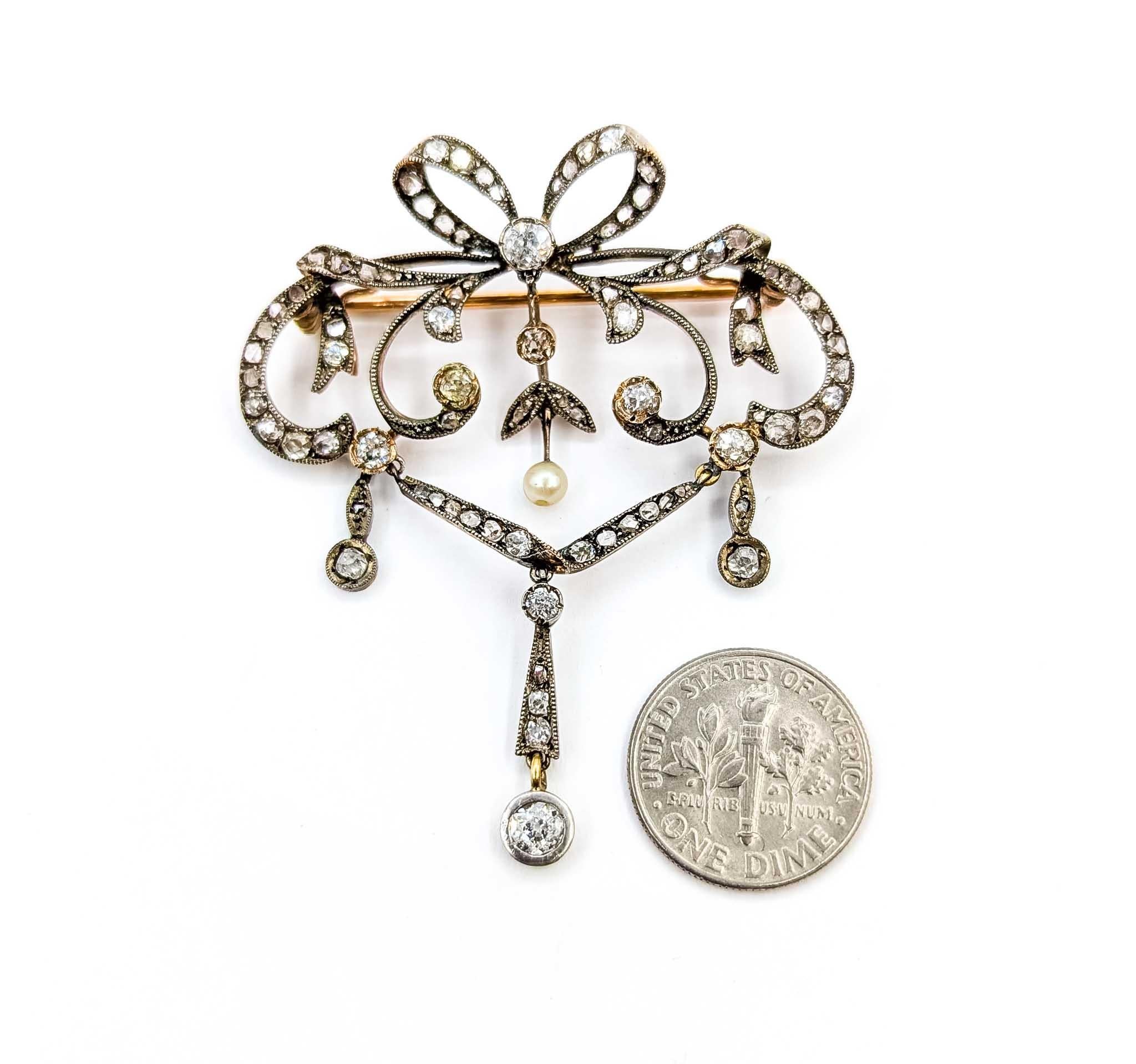 Women's Exquisite Diamond Antique Bow Brooch/Pendant in Sterling Silver and 18k Yellow G For Sale