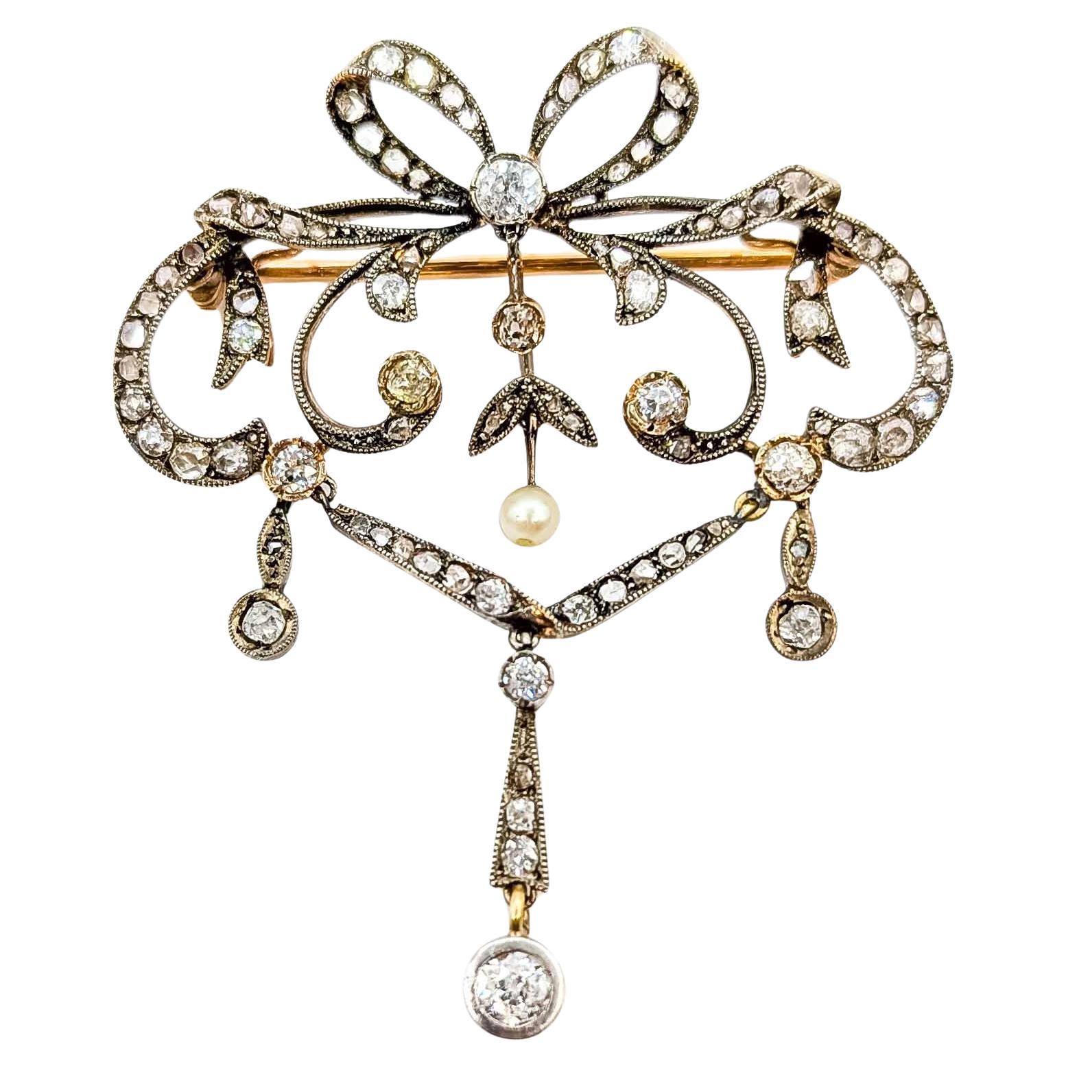 Exquisite Diamond Antique Bow Brooch/Pendant in Sterling Silver and 18k Yellow G