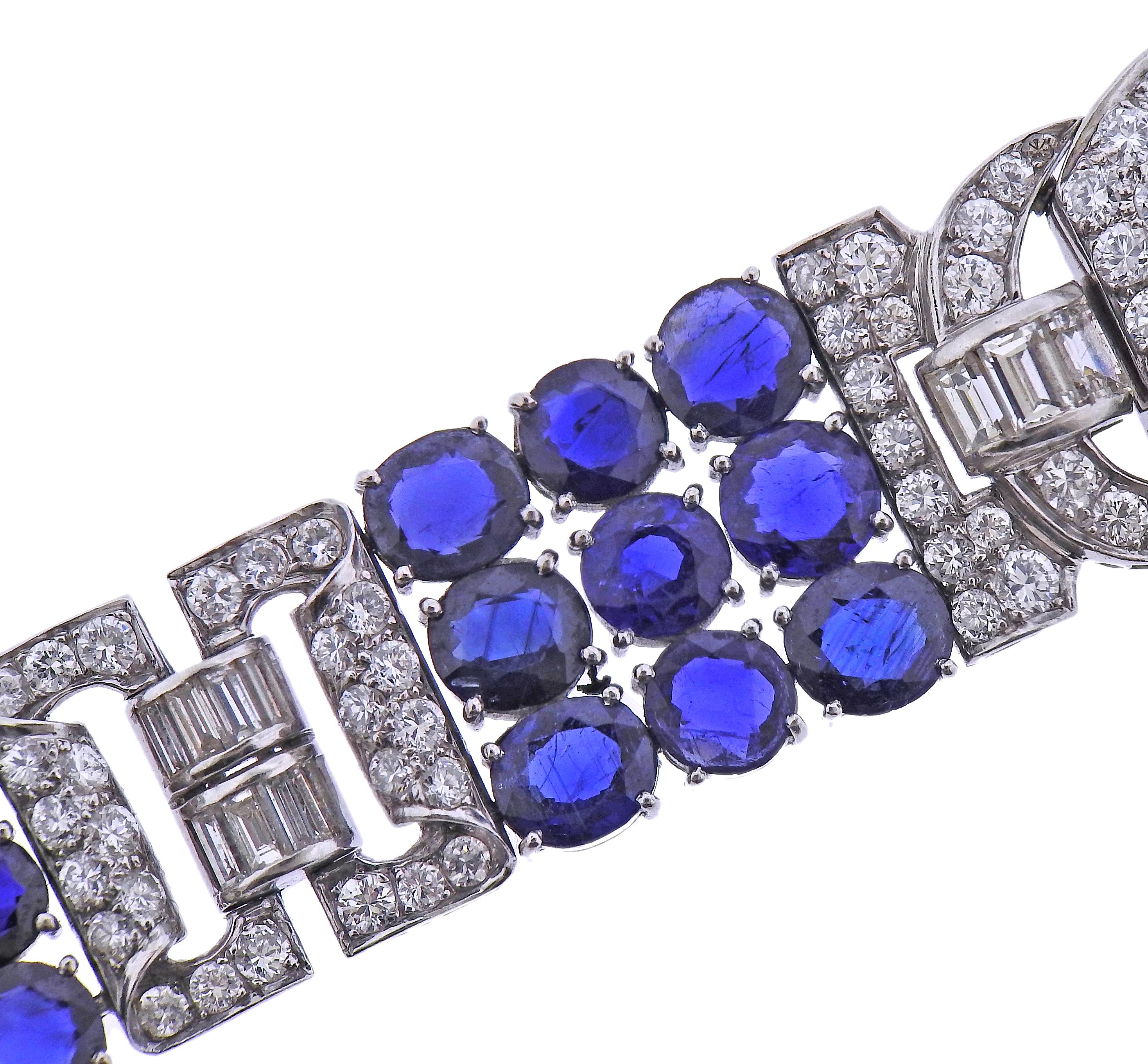 Women's Exquisite Diamond Blue Sapphire Platinum Bracelet For Sale