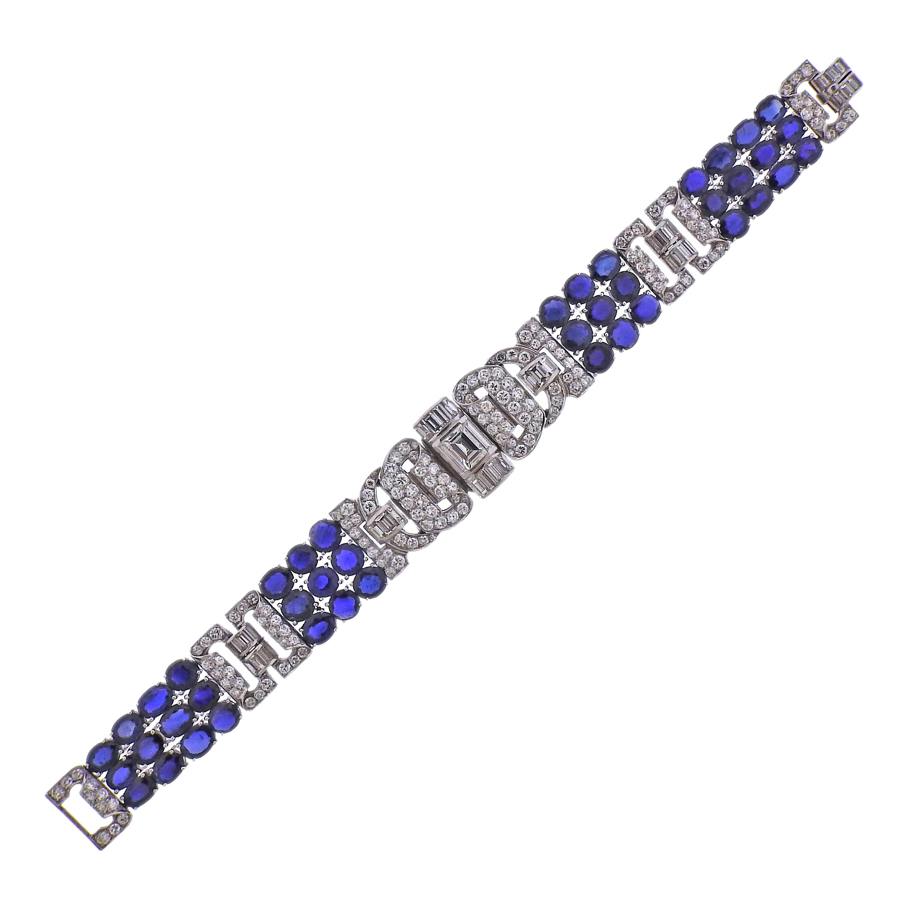 Exquisite Diamond Blue Sapphire Platinum Bracelet For Sale