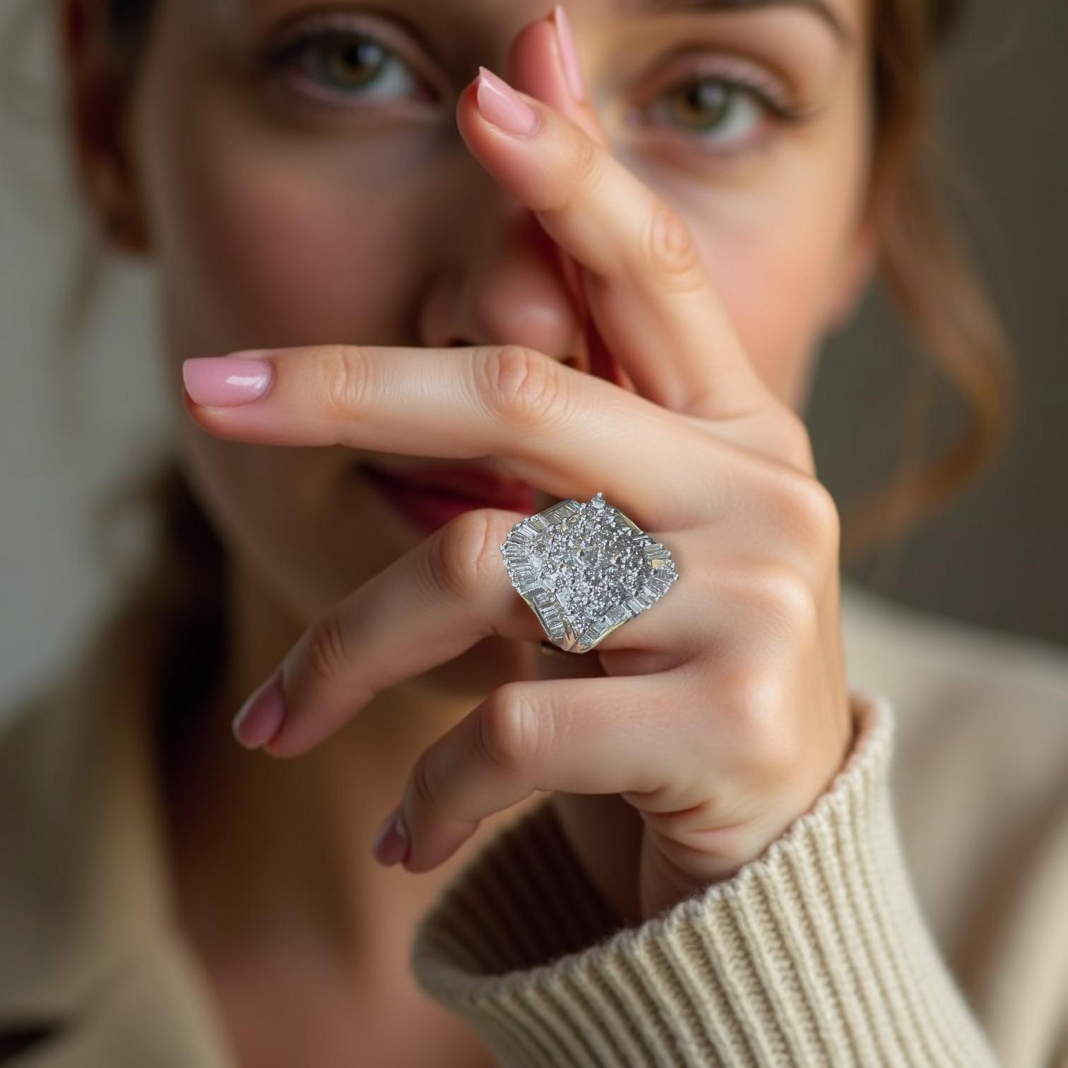 Anello con cluster di diamanti tondi e baguette da 2 carati in vendita 2
