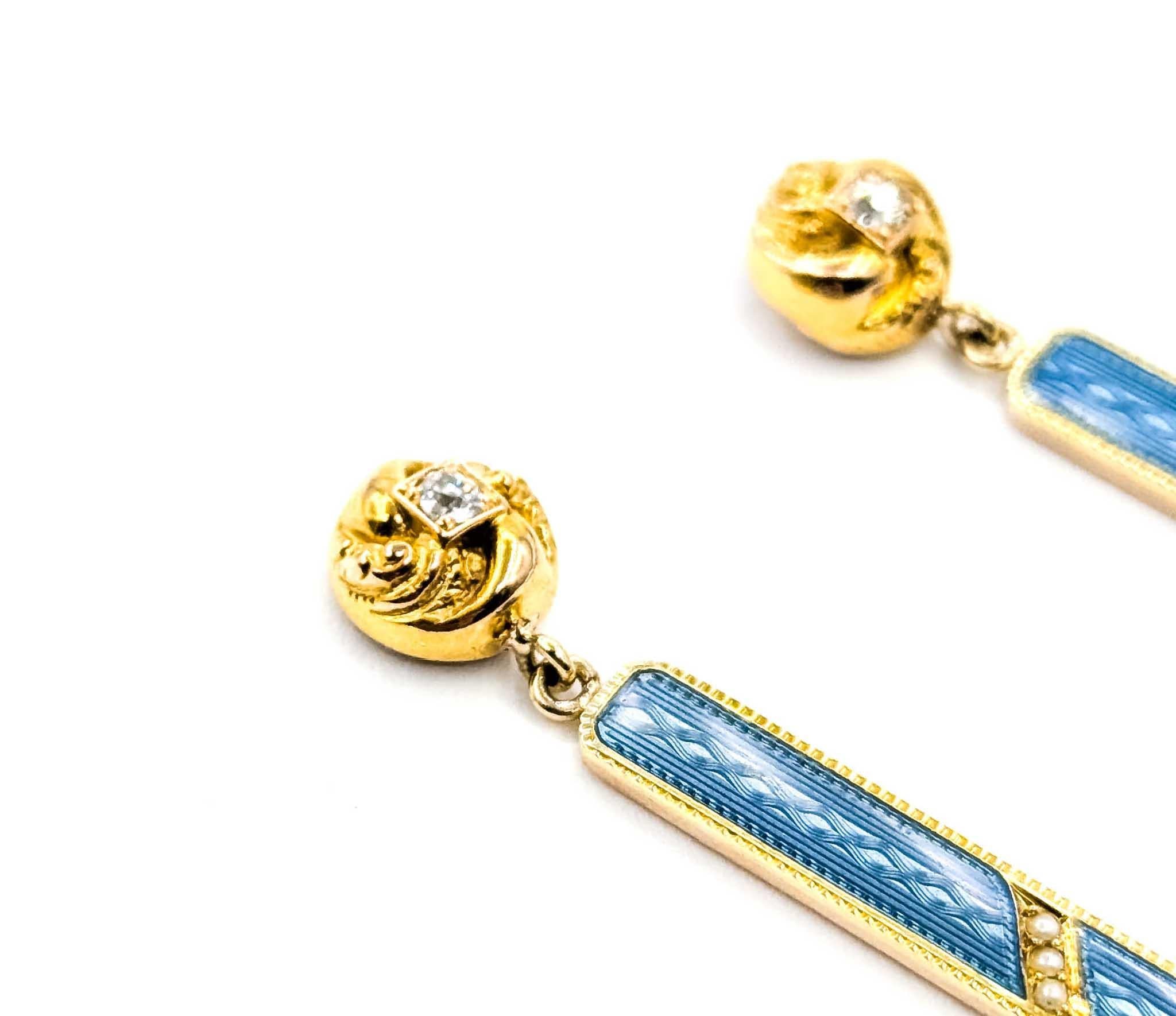 Exquisite Diamond, Pearl, and Blue Enamel Earrings in 14k Yellow Gold Bar Dangle Setting

Our gorgeous 14k Yellow Gold Earrings embody elegance, sophistication, and timeless beauty. The pair features a unique bar dangle setting showcasing a