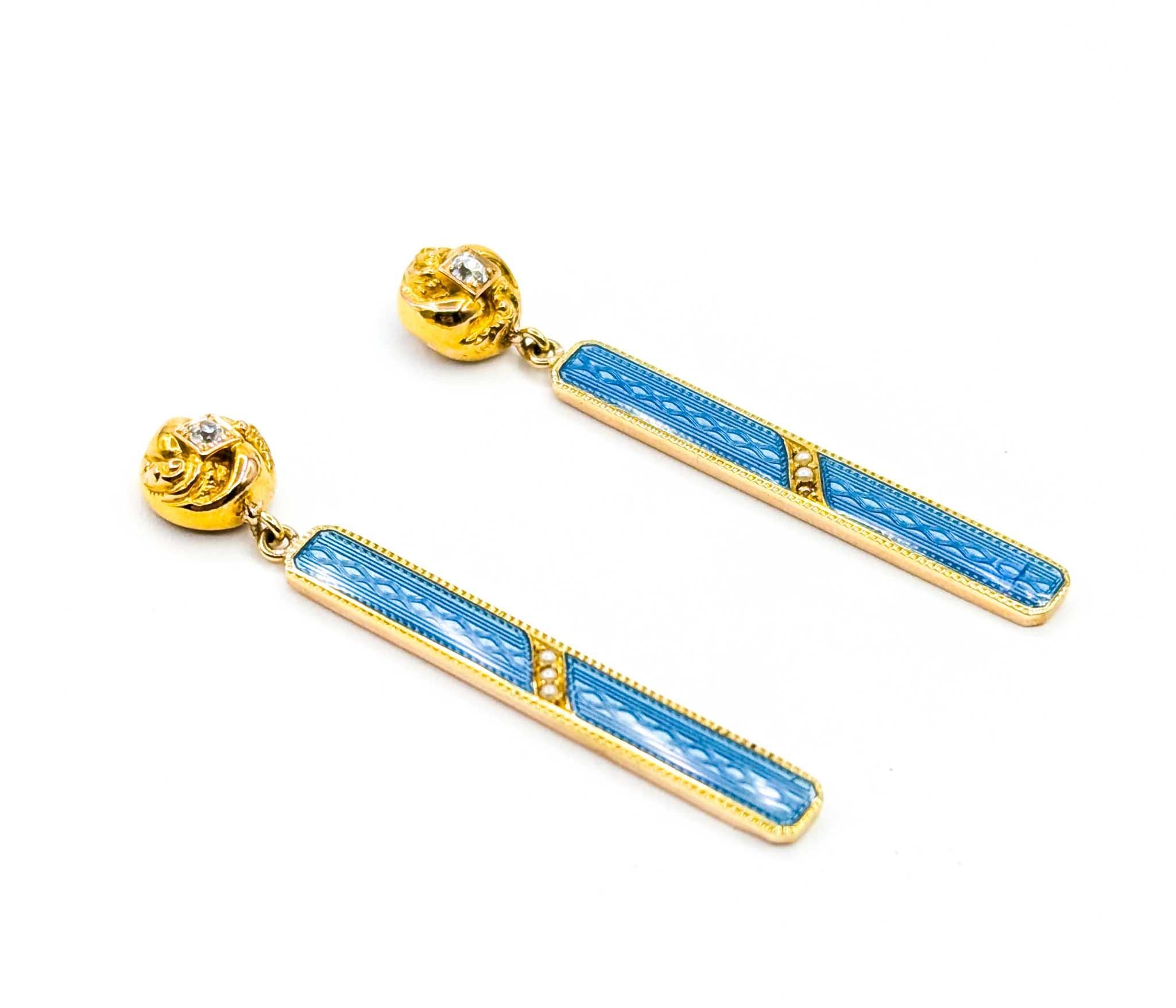 Taglio vecchia miniera Exquisite Diamond, Pearl, and Blue Enamel Earrings in 14k Yellow Gold Bar Dangle in vendita