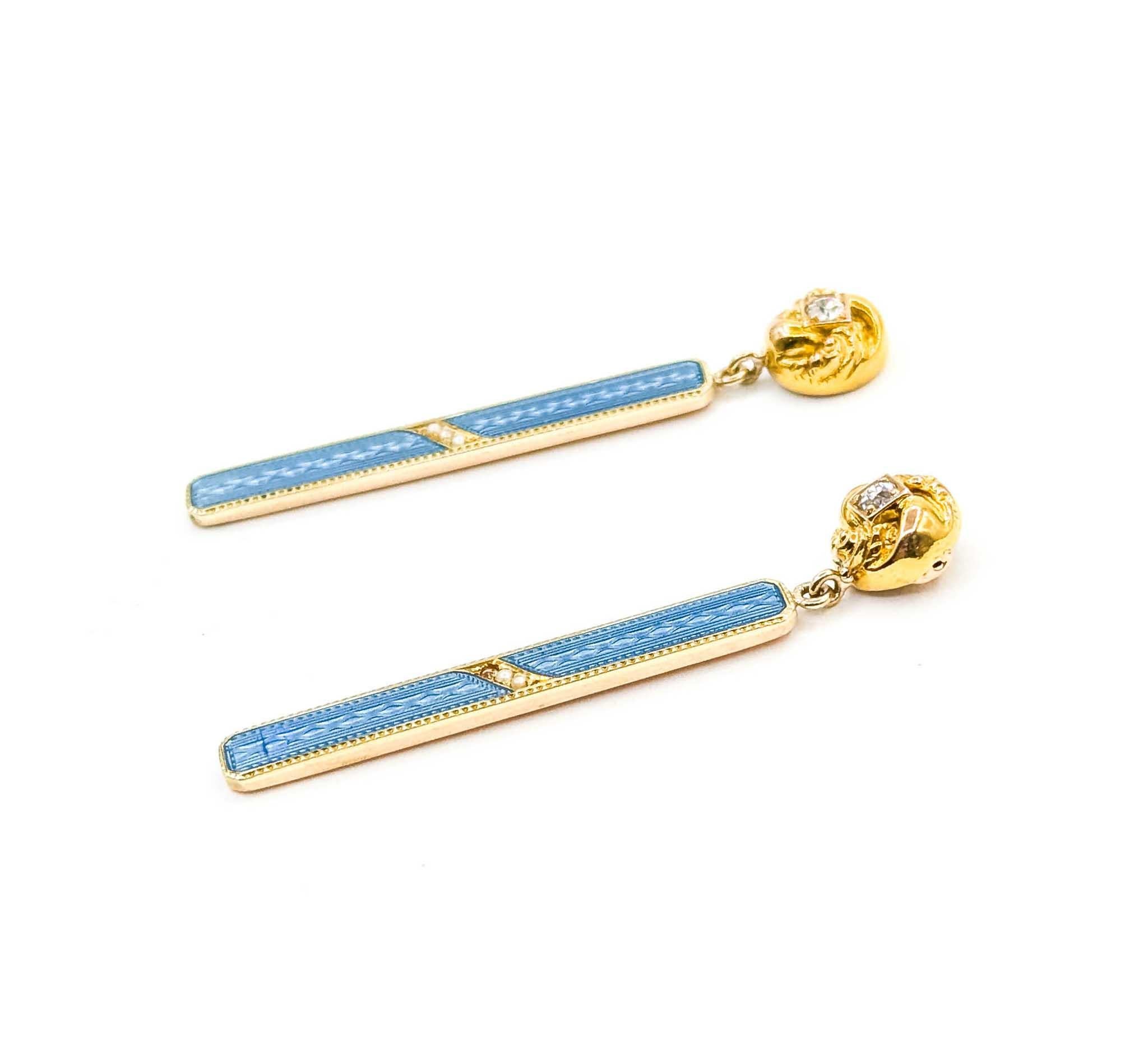 Donna Exquisite Diamond, Pearl, and Blue Enamel Earrings in 14k Yellow Gold Bar Dangle in vendita